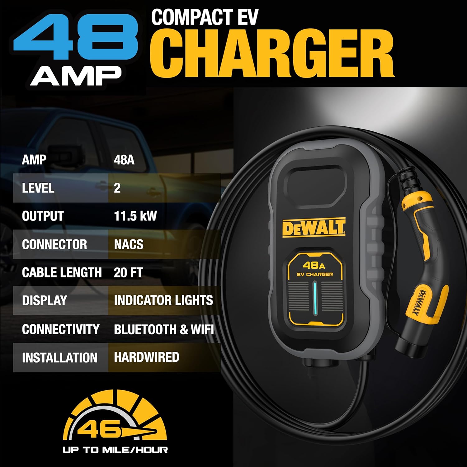 DEWALT Level 2 Compact EV Charger Hardwired NACS Charging Station for Tesla EVS, 48A 240V with App Control Bluetooth Wi-Fi, Indoor/Outdoor Wall Mount EV Charging Station, 20 Ft Cable, CSA Certified