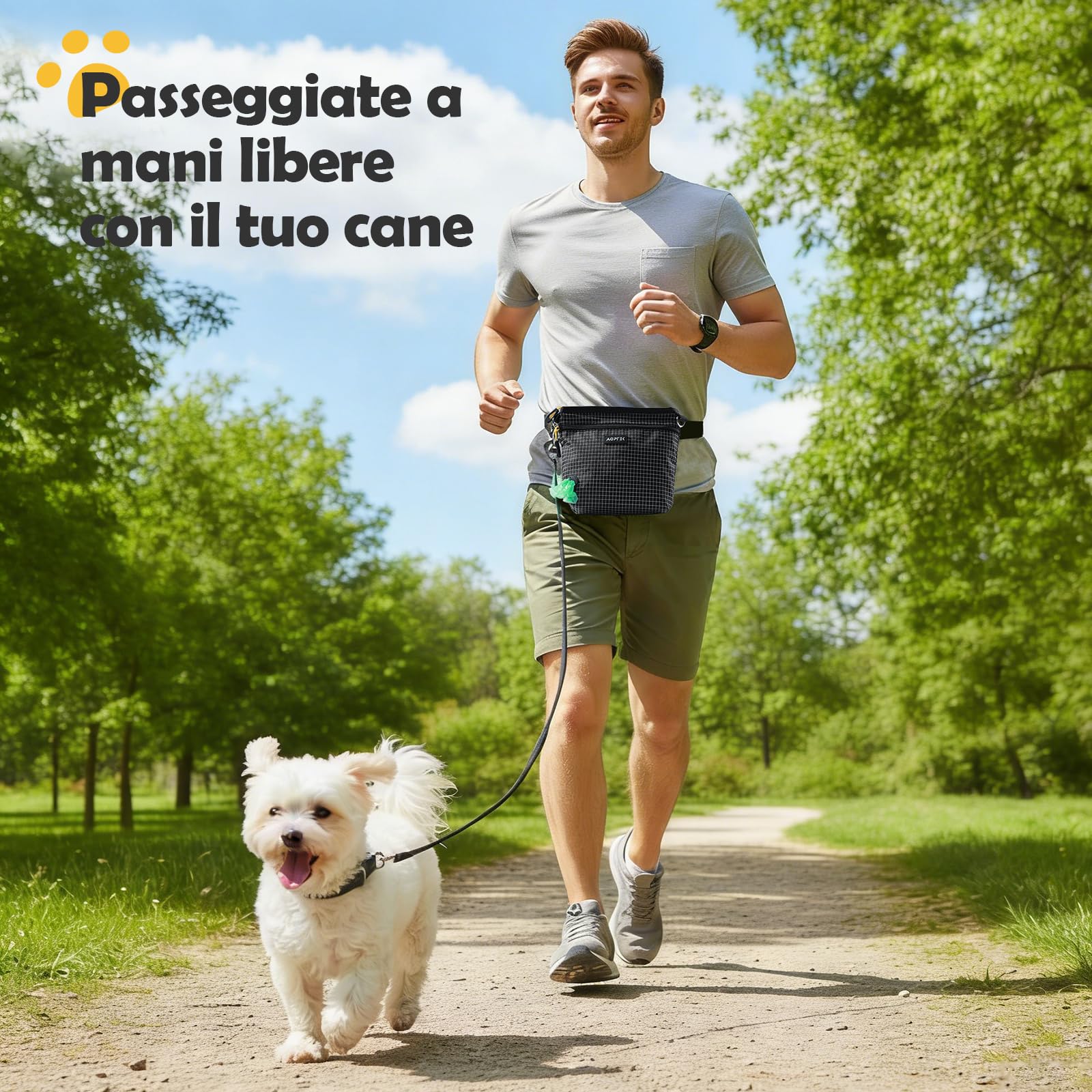 AGPTEK Borsa Porta Snack per Cani con Dispenser Sacchetti, Marsupio Addestramento Cane a Mani Libere, Borsa Training Cane con Clip per Cintura, Nero