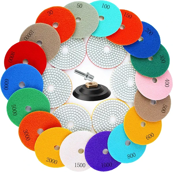 AMZKONIG 20 Pack 4 Inch Diamond Polishing Pads with 5/8’’-11 Backer Pad, 18 PCS Wet/Dry Polish Pad Kit for Drill Grinder Polisher, 30-10000 Grit Polishing Pad for Granite Marble Concrete Stone Quartz