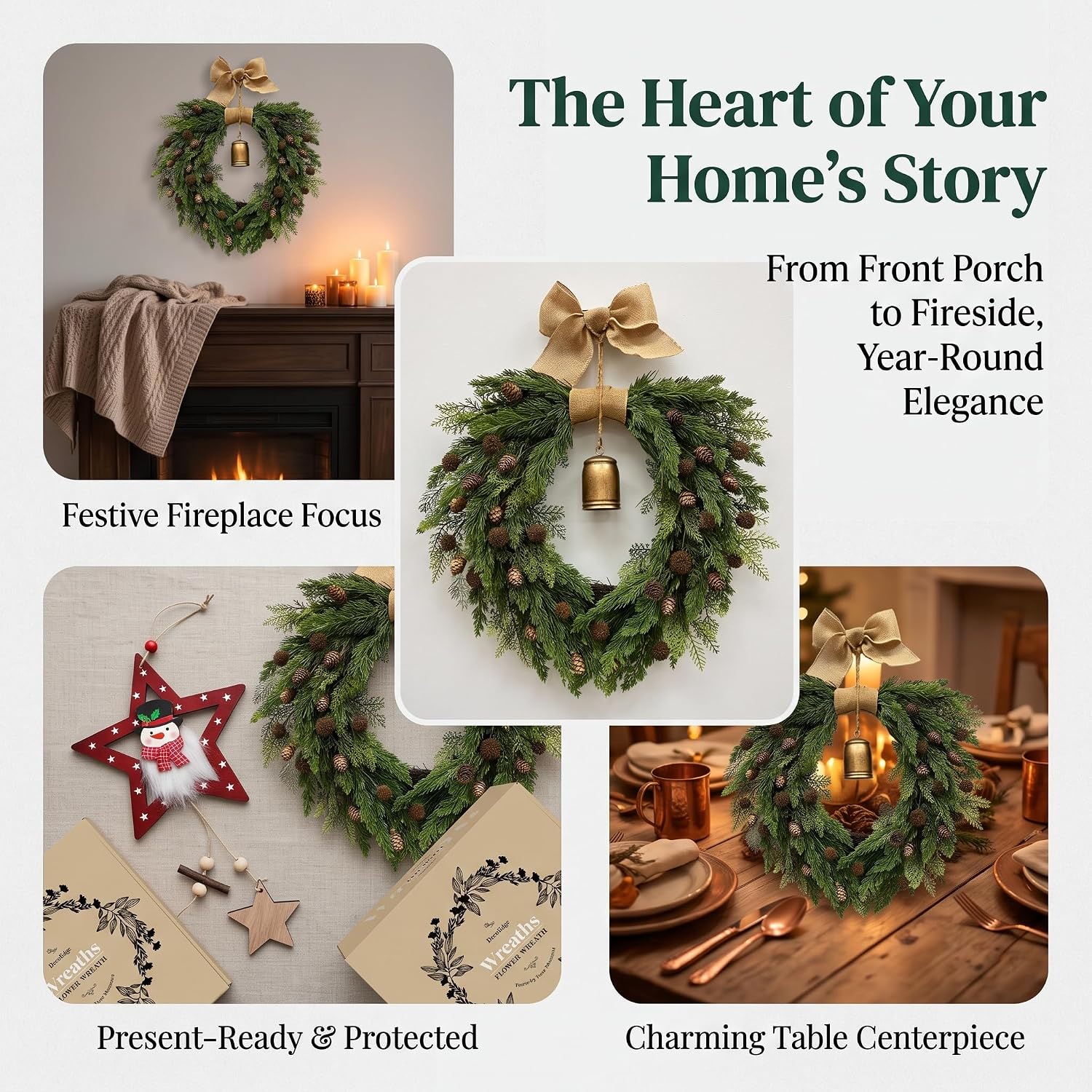 22" Christmas Pinecone Wreath with Bell for Front Door