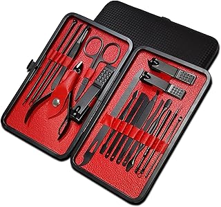 مجموعة مانيكير وباديكير احترافية للرجال والنساء من هانسو أدوات دقيقة الستانلس ستيل للحصول على أظافر وحواجب وأذنين مثالية أسود وأحمر