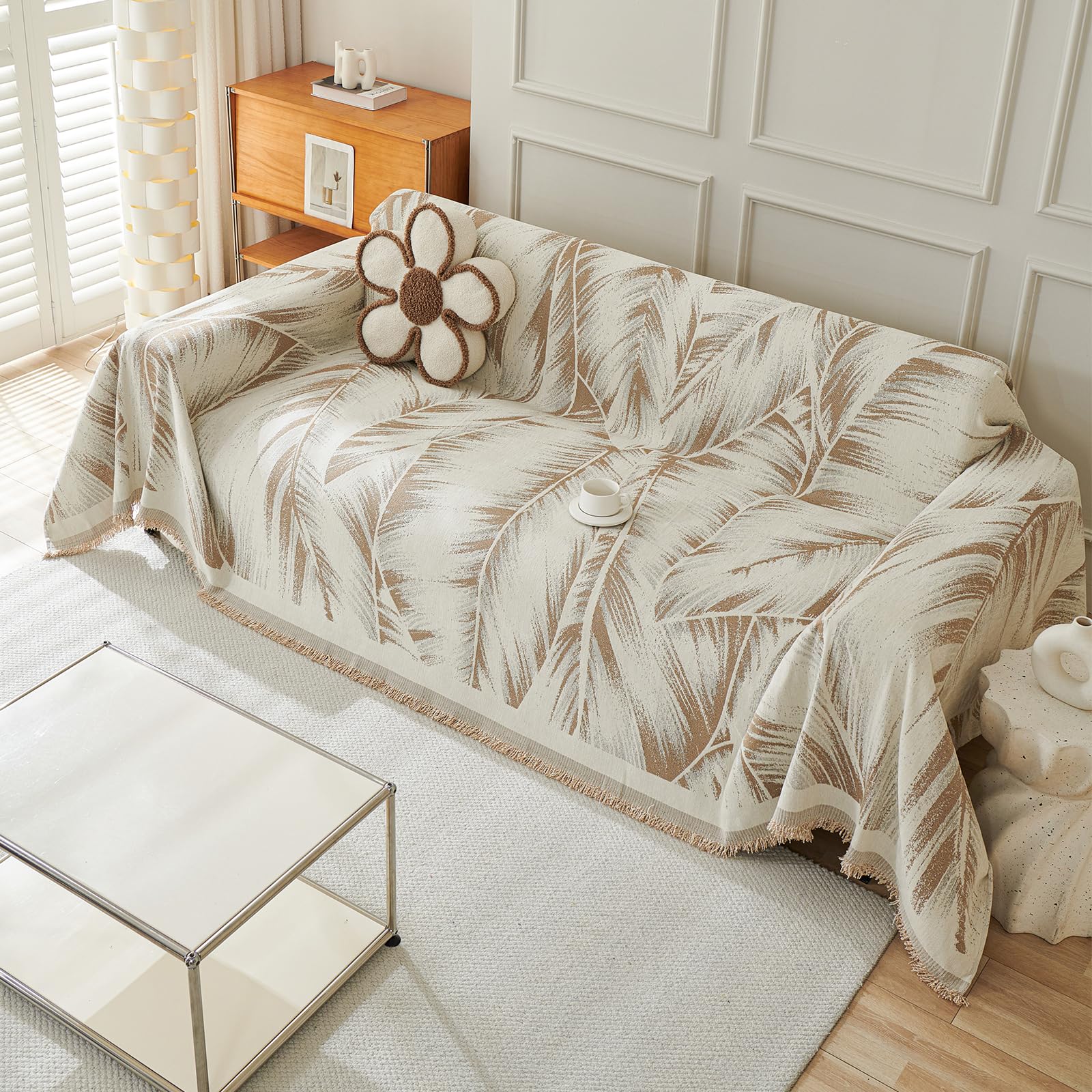 Copridivano 1-4 posti, Telo botanico, Foulard, Coperta reversibile ciniglia, 180x130 cm - Cachi