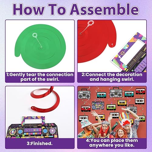 Miniatura 4 de 72 piezas de decoraciones de fiesta temática de los años 90, cinta grabadora de música de los años 80, remolinos colgantes, recortes de papel para