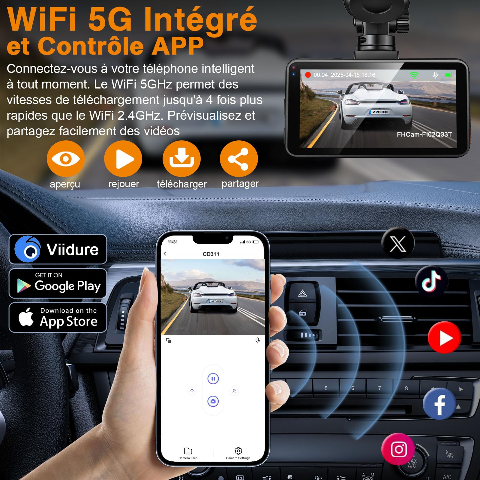 Dashcam Voiture Avant Arriere: 4K+2K 5G WiFi Camera Voiture Embarquée - Écran HD 3" avec App Contrôle Carte SD 64G Vision Nocturne - Convient à Tous Les Véhicules Installation Facile