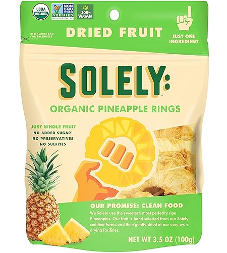 SOLELY Anillos de piña seca orgánica, 3.5 onzas, paquete de 6 Fruta fresca real, aperitivo portátil para llevar, vegano, sin OMG, sin azúcar