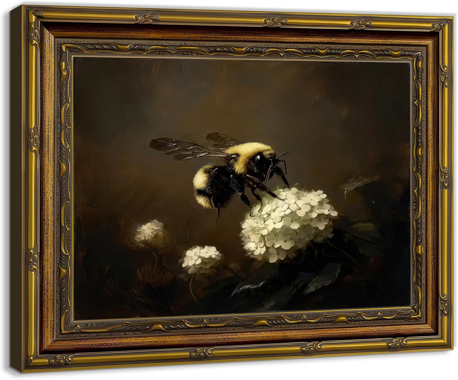Vintage Botanical Wall Art Bee Painting Gold Framed Cottagecore Decor 16x12