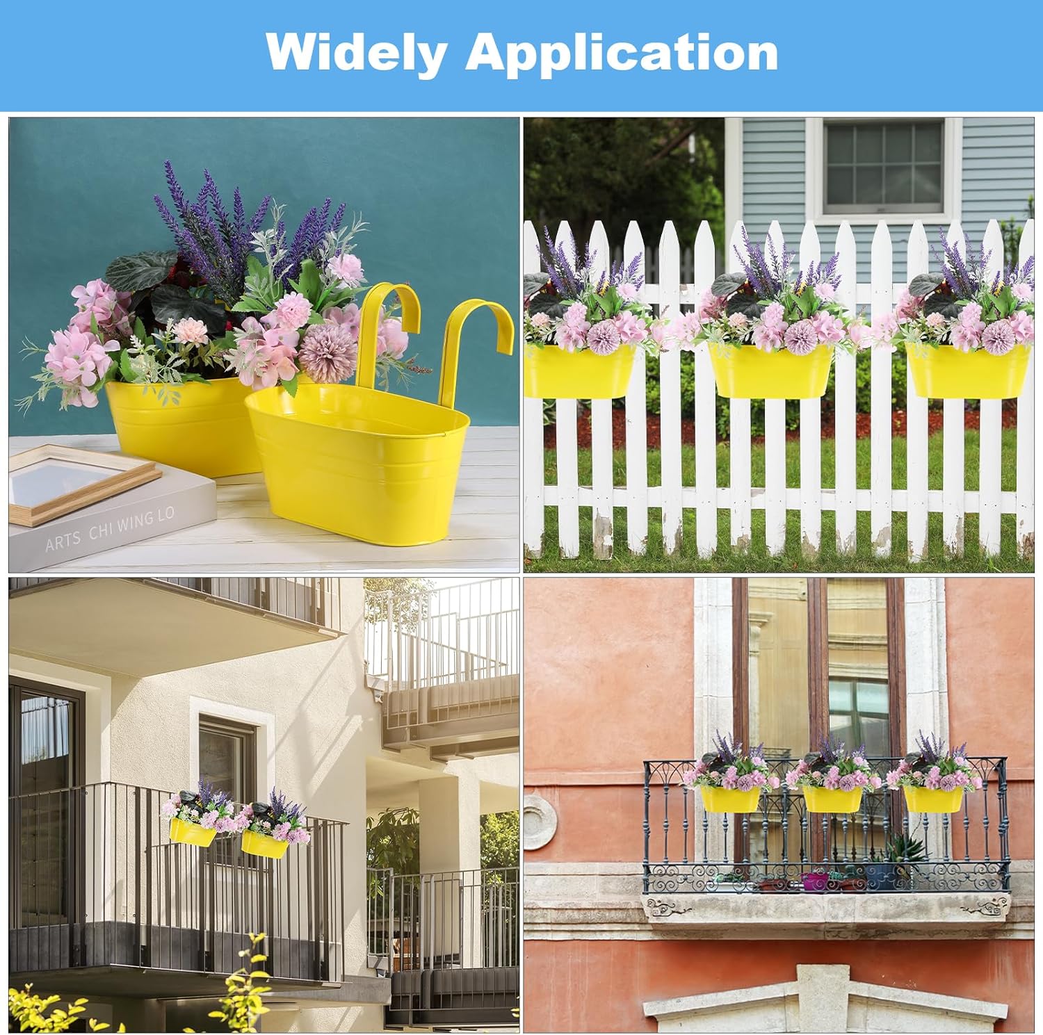 uxcell Rail Planter for Outdoor Plants, 4 Pcs 11" Iron Wall Hanging Planters Fence Railing Balcony Planters with Drainage Holes and Detachable Hooks, Light Blue