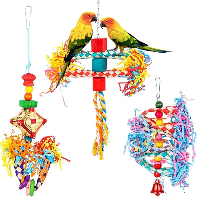 AKlamater 3 Pack Bird Shredding Toys Bird Parrots Chewing Hanging Toys Parrot Cage Foraging Shredder Toys Bird Cage Accessories for Small Parakeets,Cockatiels,Budgies,Love Birds,Finches