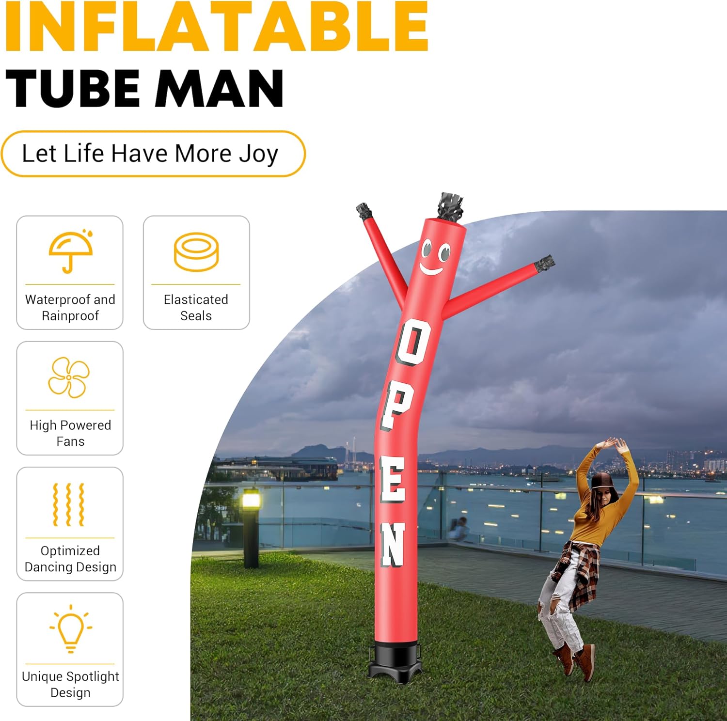 10FT Air Inflatable Waving Tube Man Set with Blower & Spotlight, Air Puppet Dance Artist for Mall Opening, Amusement Park, Outdoor Decoration，Open