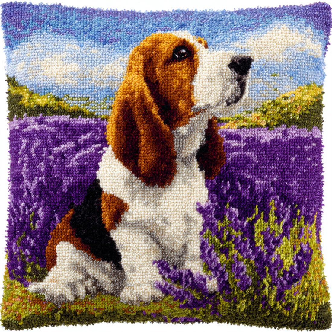 Kitquiver Animal Latch Hook Cushion Kits Dogs and Scenery Crochet Needlework Crafts with Latch Hook Tool for Adults DIY Handmade Home Cushion Kits Decor 17x17In