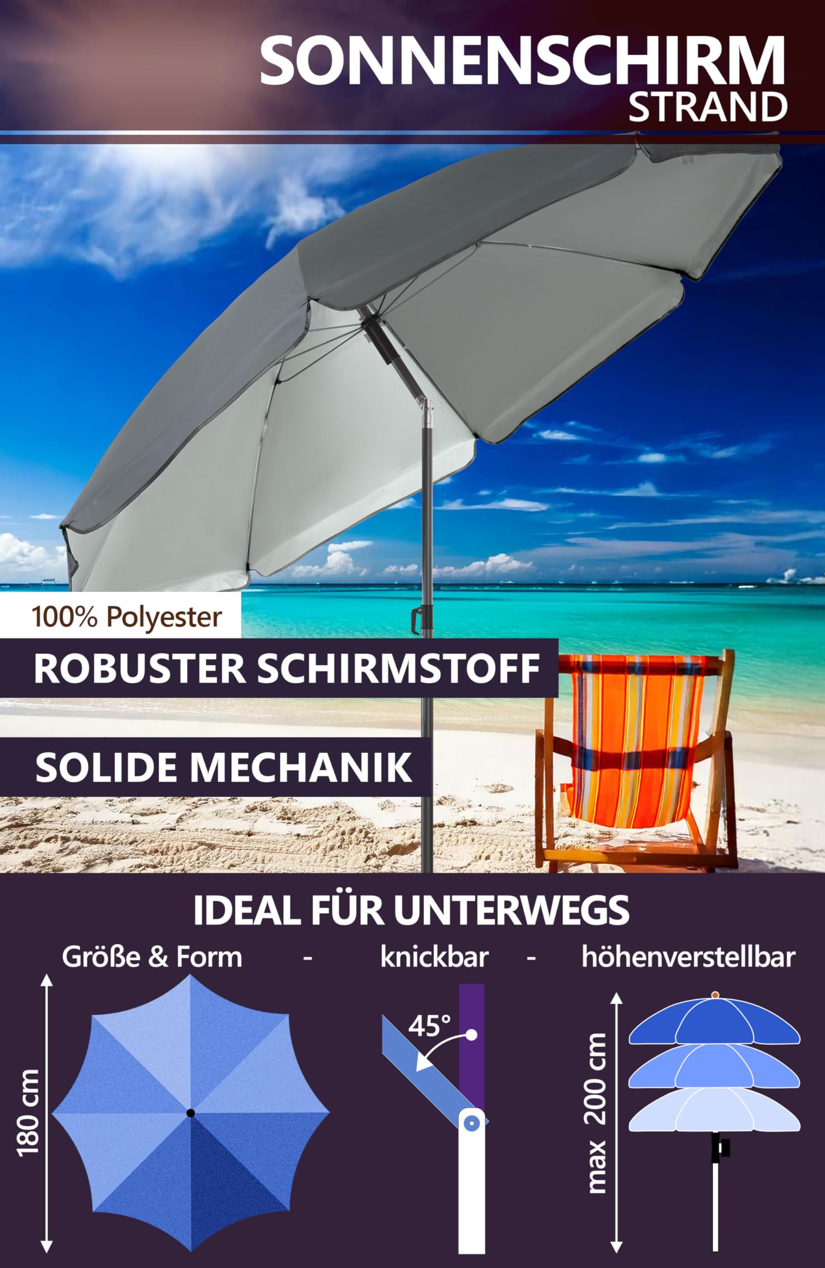 4smile Sunnyjoy Sonnenschirm Strand 3-IN-1 Set - Strandschirm windfest stabil, UPF 50+ Sonnenschirm Strand - Robuster Strandschirm mit Bodenhülse & Schutzhülle, Ø 200 cm, Fb. Anthrazit