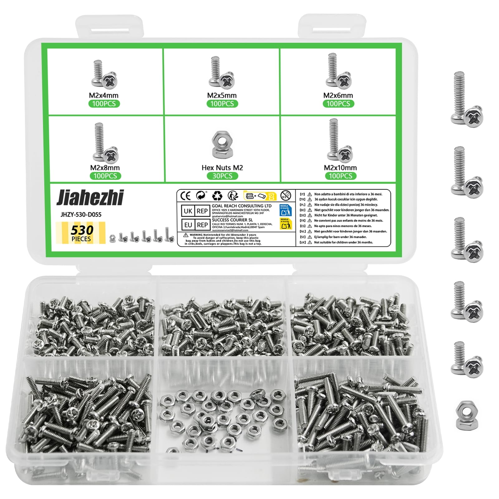 530 Pcs M2 Metric Micro Screws & Nuts Assortment, 304 Stainless Steel Phillips Pan Head Fully Threaded Kit for Arduino, RC Models, Electronics, DIY Projects - High Quality Fasteners