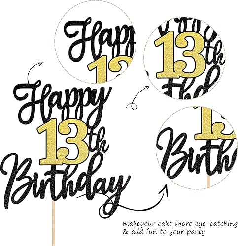 Miniatura 3 de 1 pieza de decoración de pastel de feliz cumpleaños 13, decoración de pastel de cumpleaños 13, decoración de pastel de brillo negro y dorado,