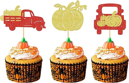 Ercadio Paquete de 24 adornos de calabaza para cupcakes con purpurina roja para cosecha de otoño, calabaza, camión, cupcake para cosecha de otoño,