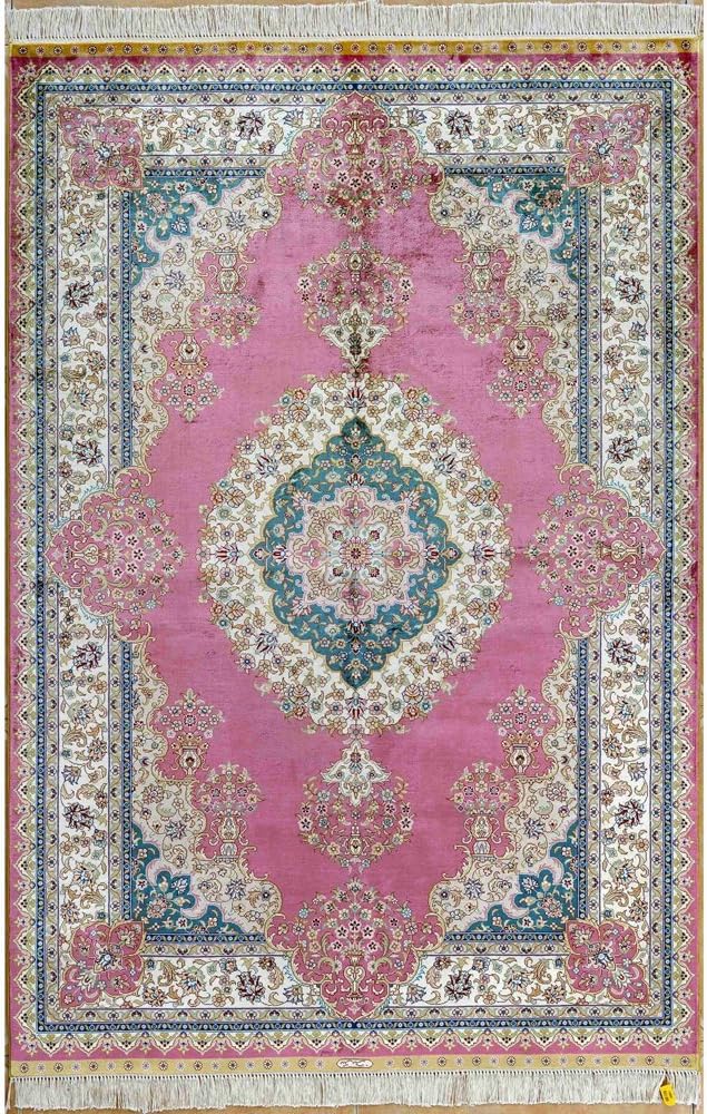 Yilong 4'x6' Persian Silk Rug Hand Made Traditional Oriental Tabriz Medallion Hand Knotted Carpet (4 Feet by 6 Feet, Pink) 0119