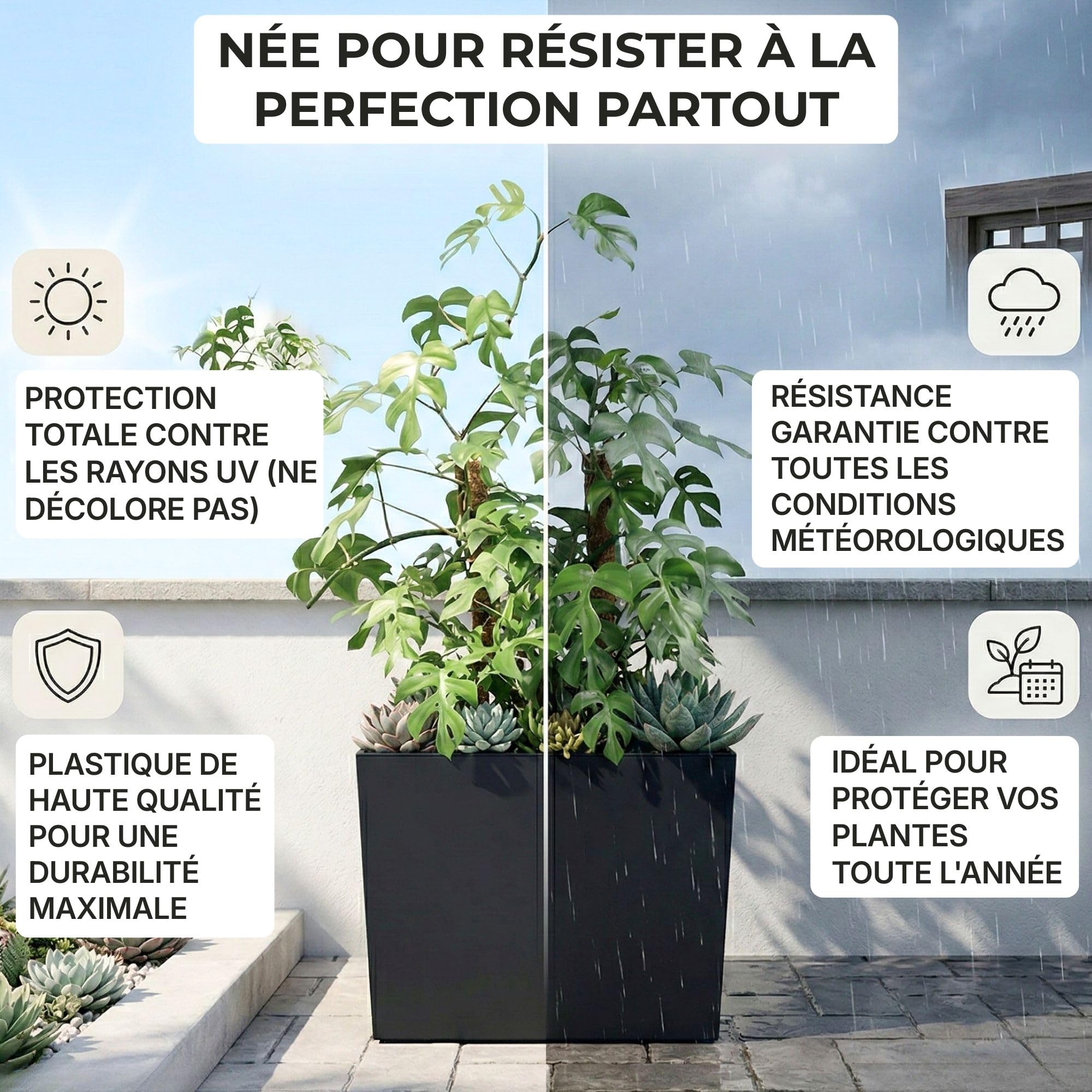 IMJ-Global - 2 Jardiniere Exterieur Grande Taille 58x18x49,8cm, Pot de Fleur 44 litres (Insert de 12 litres) Bac a Fleurs Exterieur Intérieur en Plastique Résistant aux Intempéries (Noir)