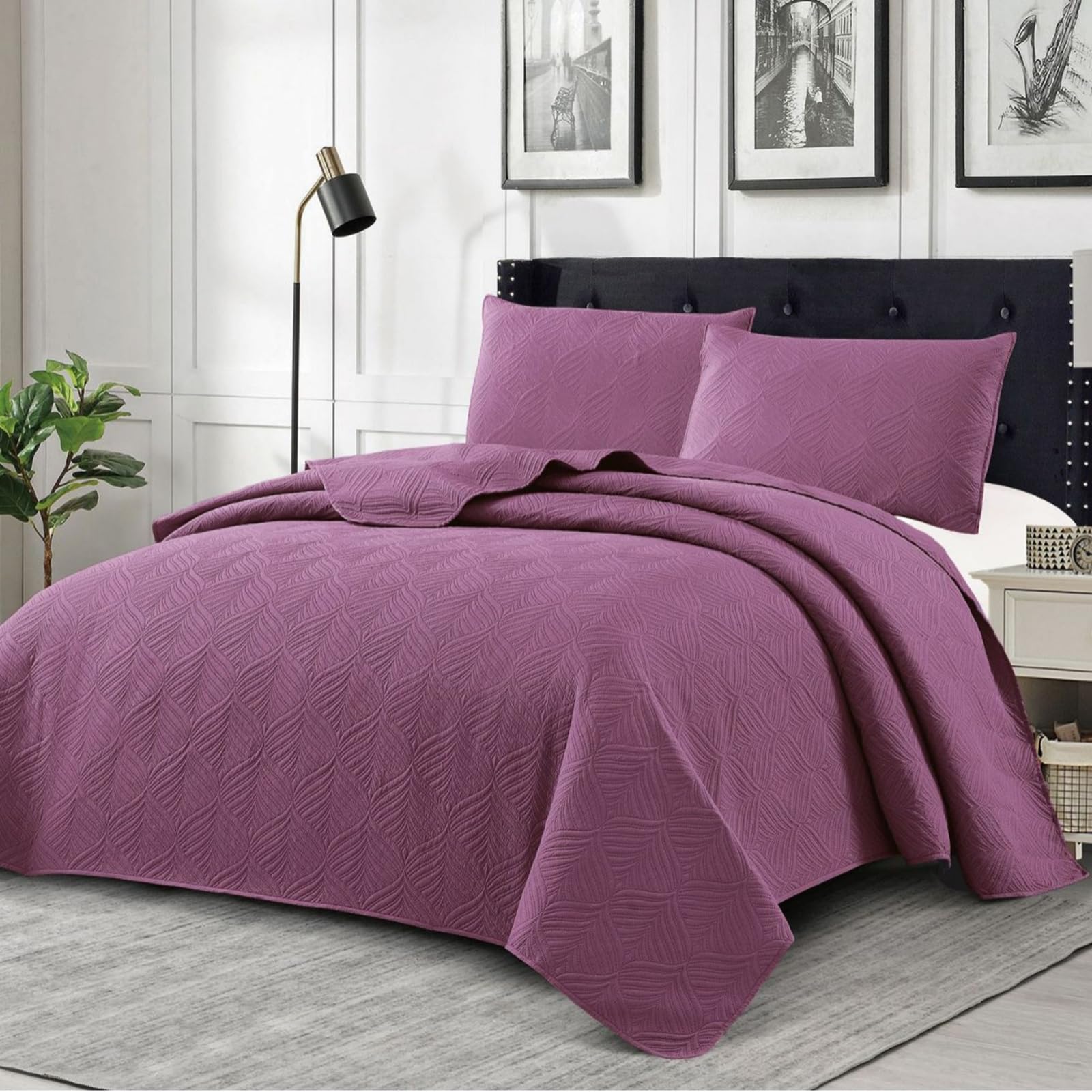 E-yimeng Quilted Bedspread Embossed Pattern Comforter Bedding Set Reversible Lightweight Soft Microfiber Coverless Quilt Coverlet for All Seasons Linens Purple 220x240cm