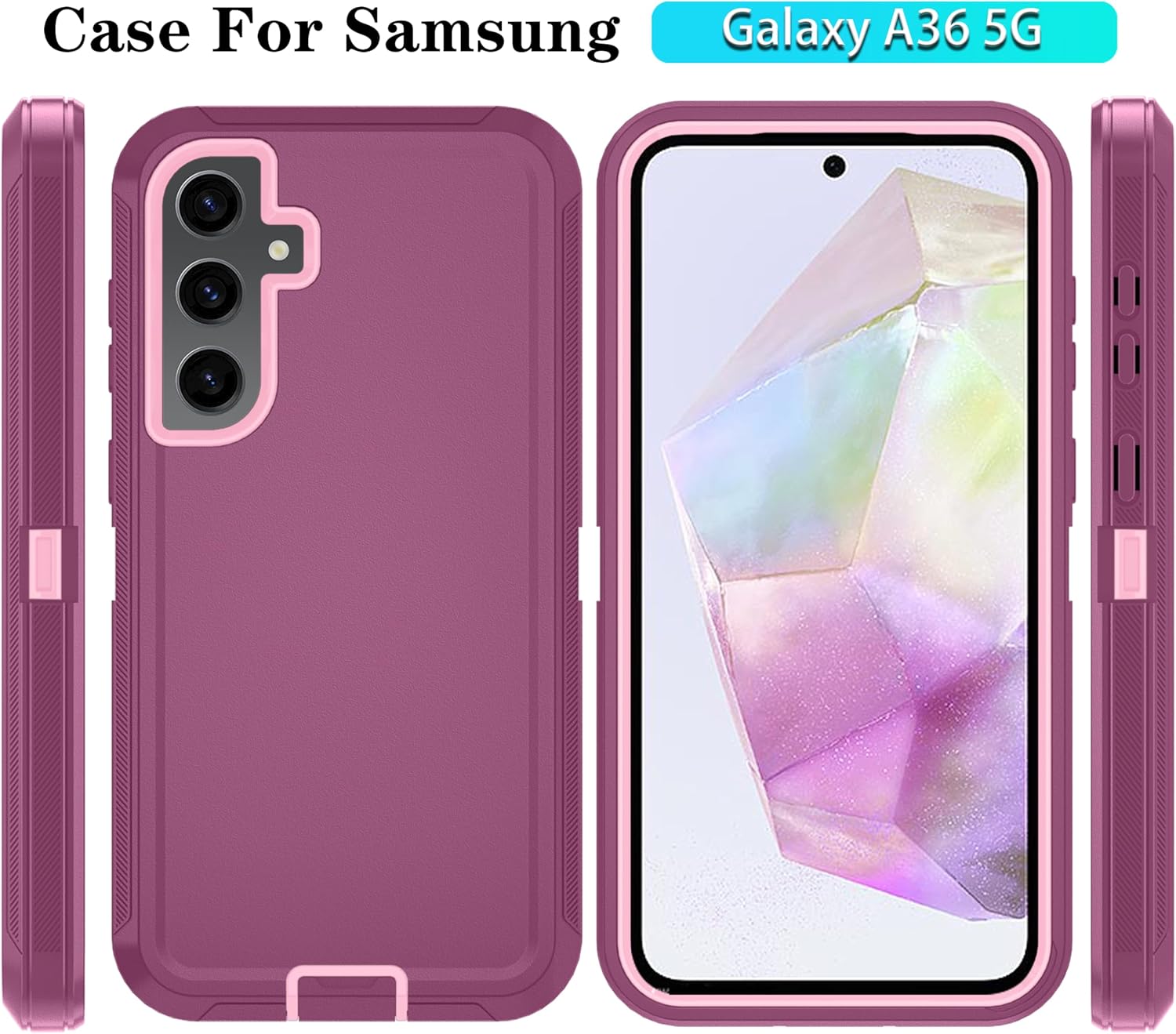 Qinmay Phone Case for Samsung Galaxy A36 5G Case with HD Screen Protector, Heavy Duty Shockproof & Dropproof 3-Layer Cover Phone Case for Galaxy A36,WineRedPink for Galaxy A36 WineRedPink image 6 of 6 B0DQSL8LT6