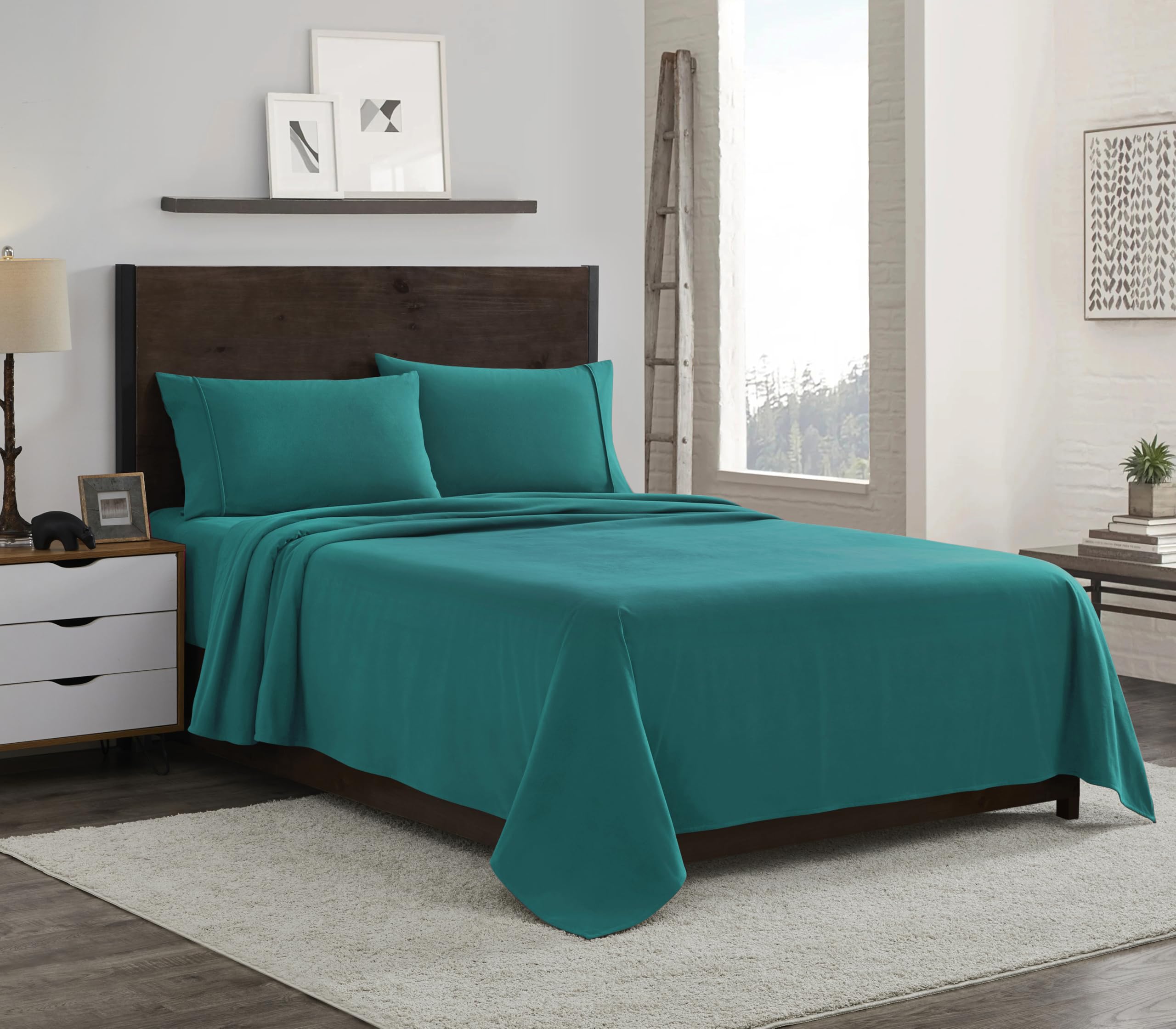 Flannel Sheets King Size Warm and Cozy Deep Pocket Breathable All Season Bedding Set with Fitted with Full Elastic & Built in Corner Sheet Straps, Flat and Pillowcases, King, Teal Green