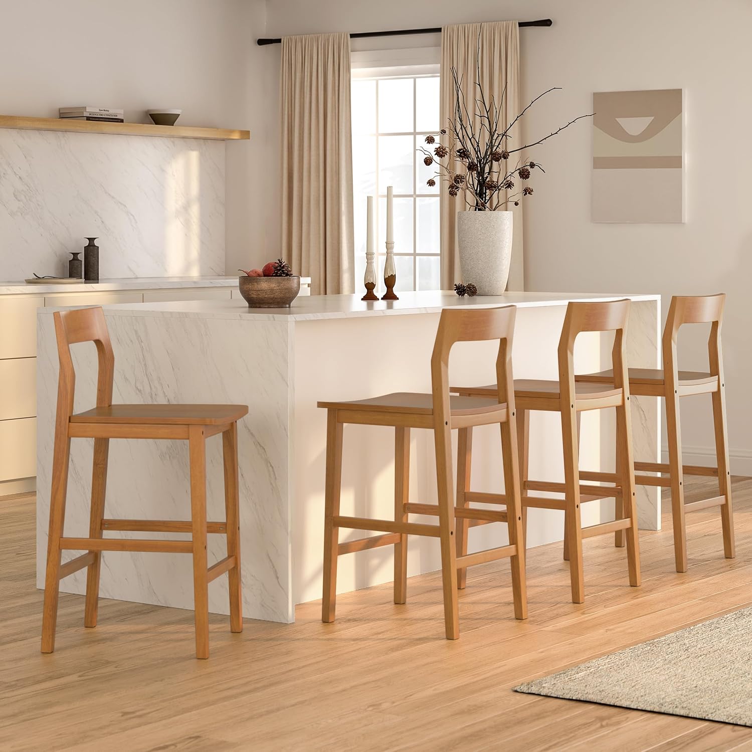 EYYTHUNG Farmhouse Wooden Bar Stools Set of 4, Mid Century Modern Counter Height Stools with Solid Wood Legs & Back, 25" Armless Barstools Chairs for Kitchen Island, Dining Room, Dark Oak