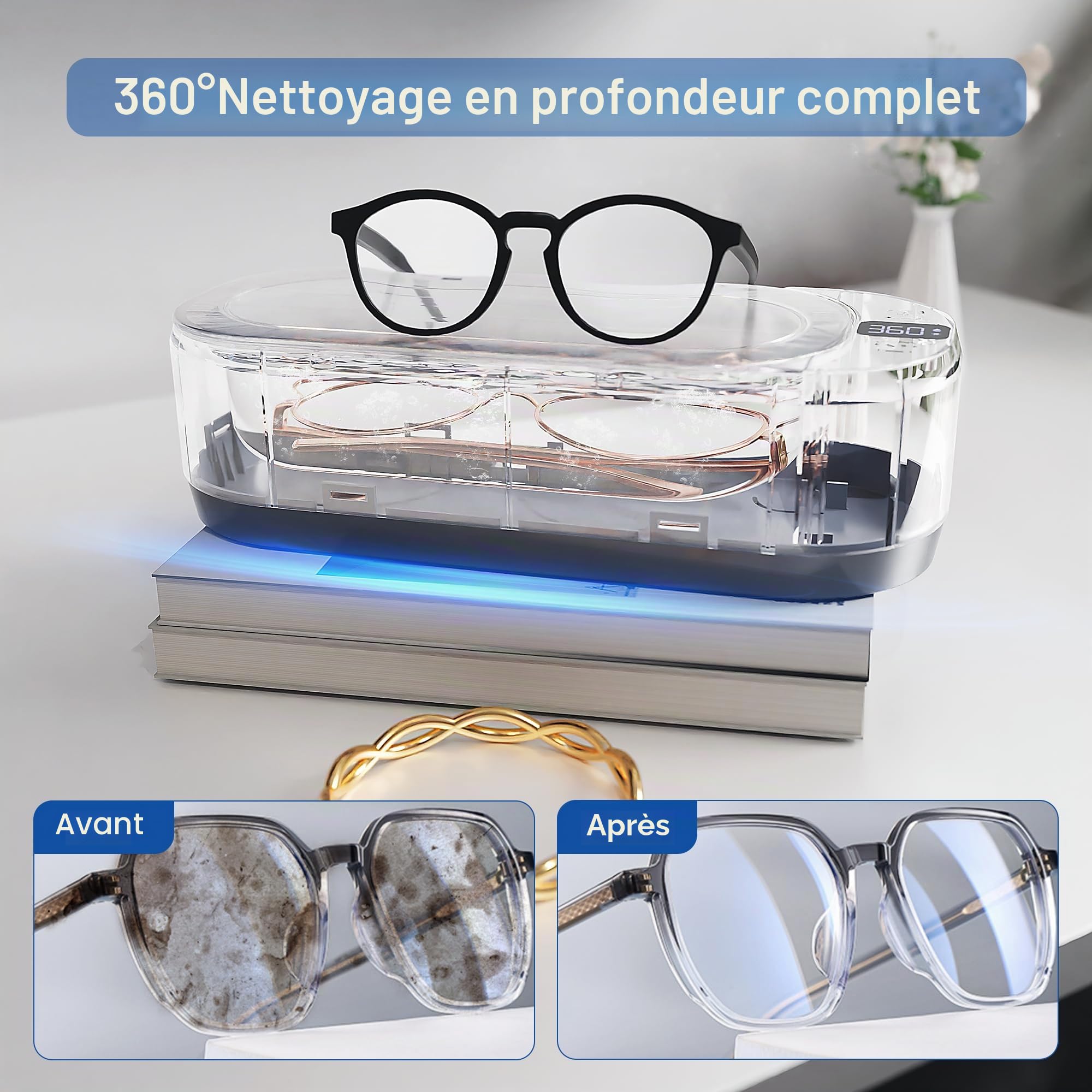 Kunphy Nettoyeur ultrasons, 48000 Hz Nettoyeur à Ultrasons 350 ML avec minuterie numérique, Ultrasonic Cleaner pour lunettes, bijoux, attelles dentaires, pièces de monnaie