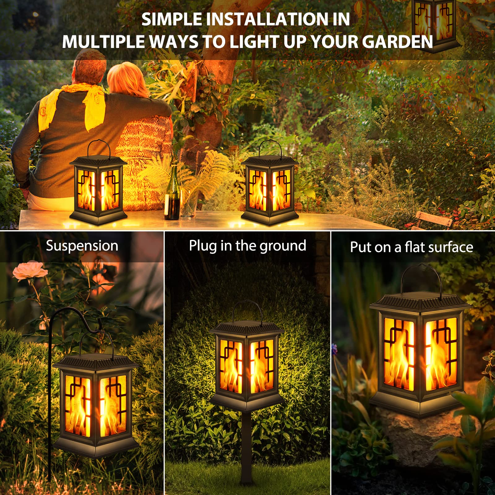 Linterna Solar Para Jardín Al Aire Libre, Paquete De 2 Linternas Solares Colgantes De Jardín Impermeables, Adornos Solares De Jardín, Luces Solares Con Llama Parpadeante Realista Para Jardín, Césped
