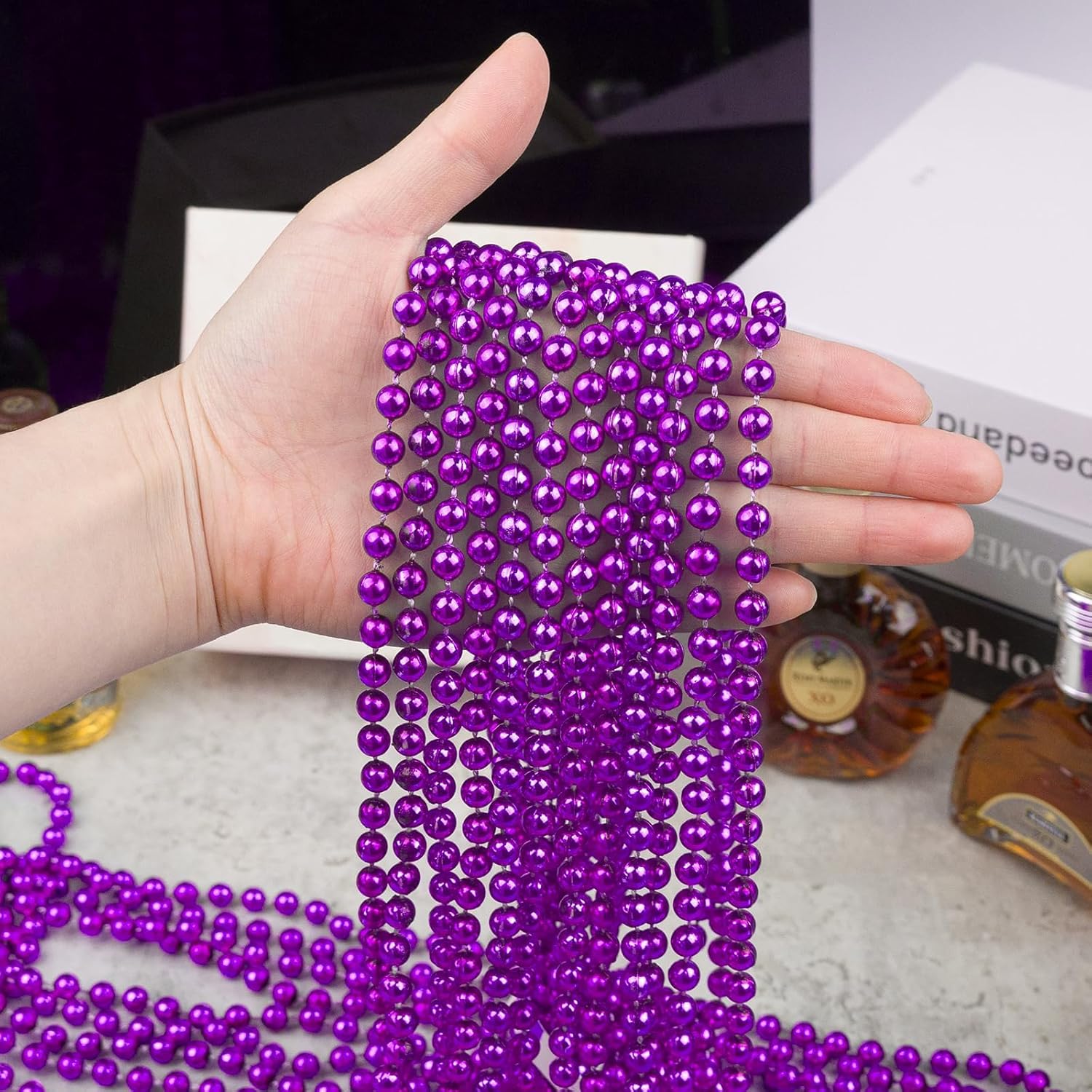 ZYFLSQ 100 Pcs 33" 7mm Metallic Purple Beads Necklaces, Bulk Mardi Gras Beaded Necklaces, Party Beads Costume Necklaces (Purple) - Image 4