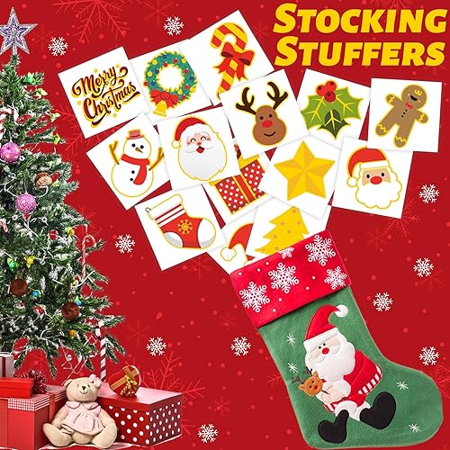 Miniatura 4 de 240 tatuajes temporales de Navidad para niños, tatuajes impermeables envueltos individualmente con purpurina, la mejor opción para rellenos de