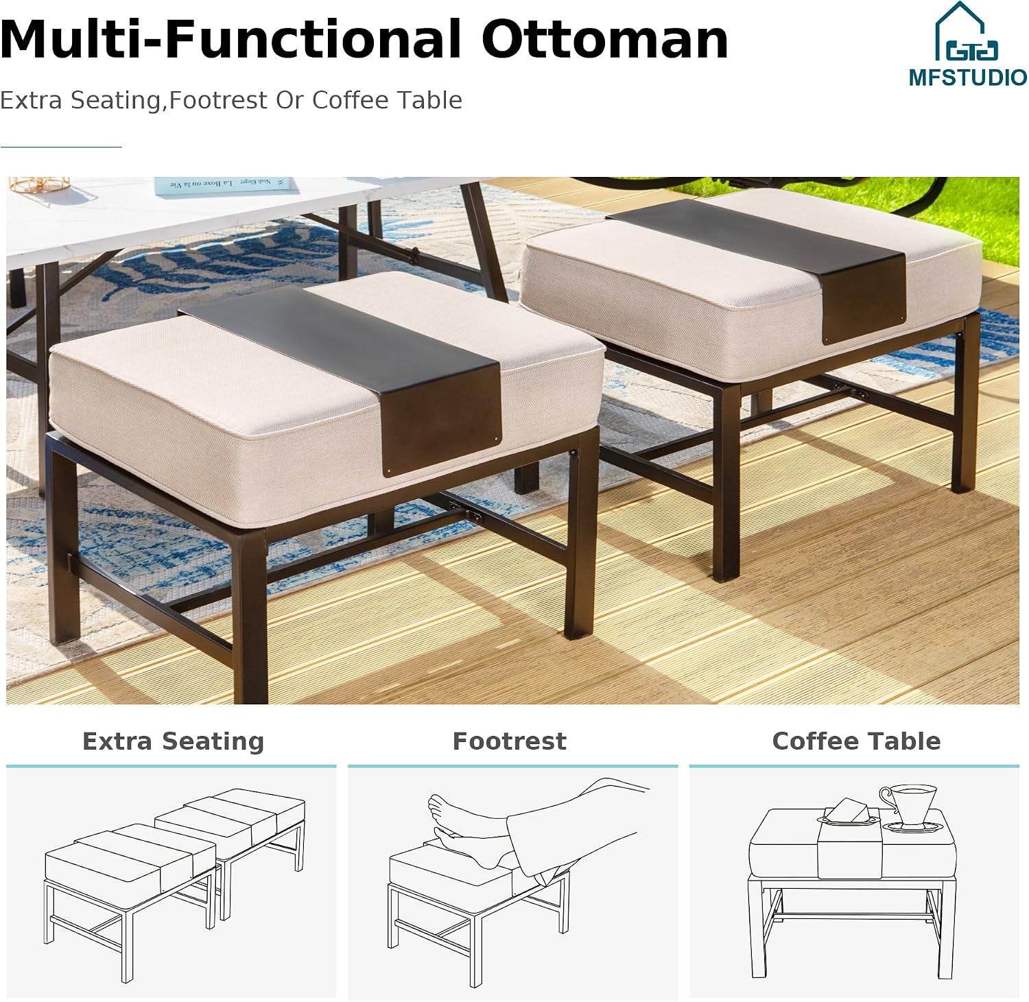 MFSTUDIO 5 Pieces Patio Conversation Sets,Outdoor Metal Furniture Sofas with 1 x 3-Seat Sofa, 2 x Swivel Chairs,2 x Ottoman,Wrought Iron Frame with Beige Cushion for Patio Courtyard Balcony