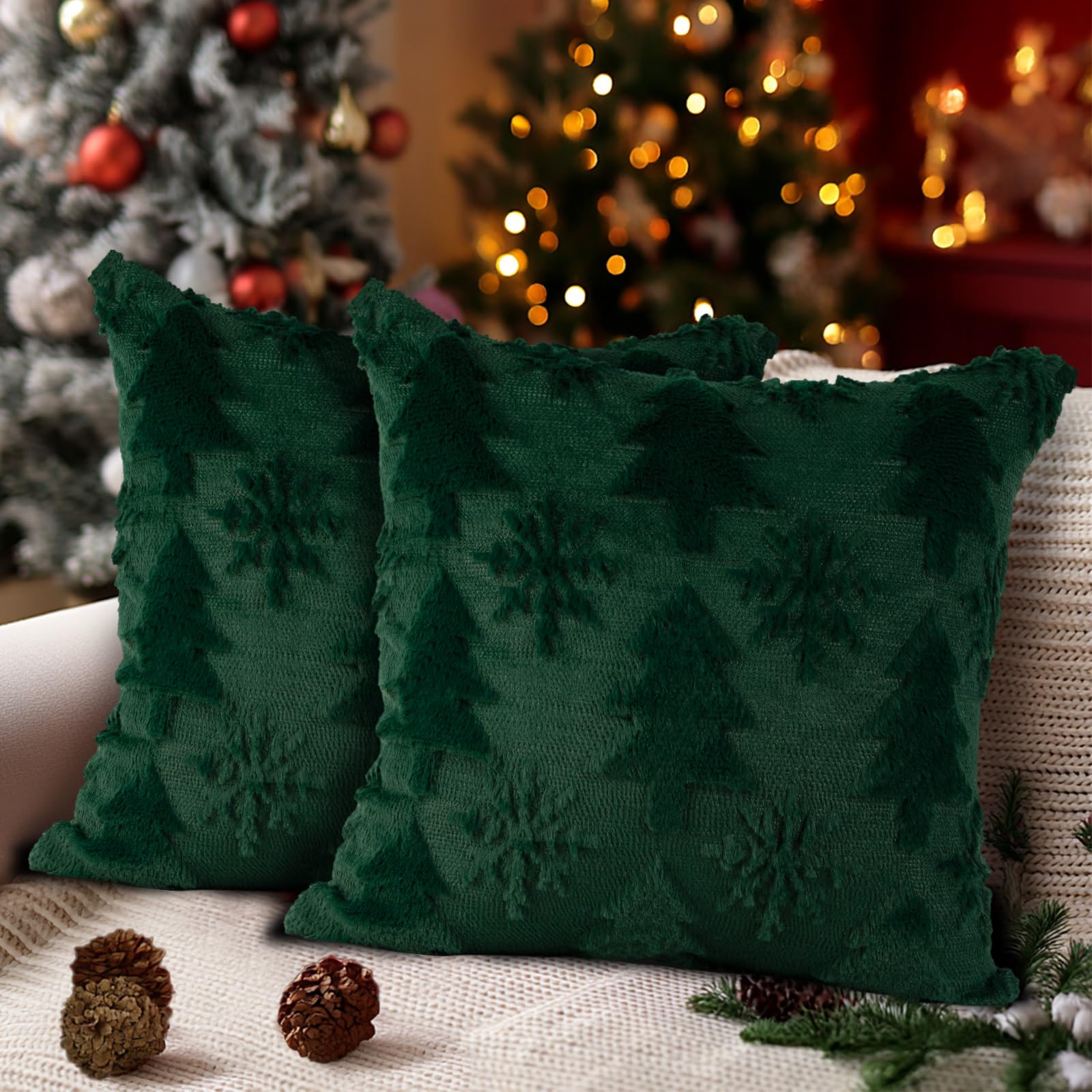 Lanpn 16x16 Christmas Tree Cushion Covers Set of 2, Winter Snowflake Snow Flake Throw Pillow Cases Soft Plush 40 x 40 Winter Throw Pillow Cover for Indoor Home Bedroom Couch Sofa Xmas Decor (Green)