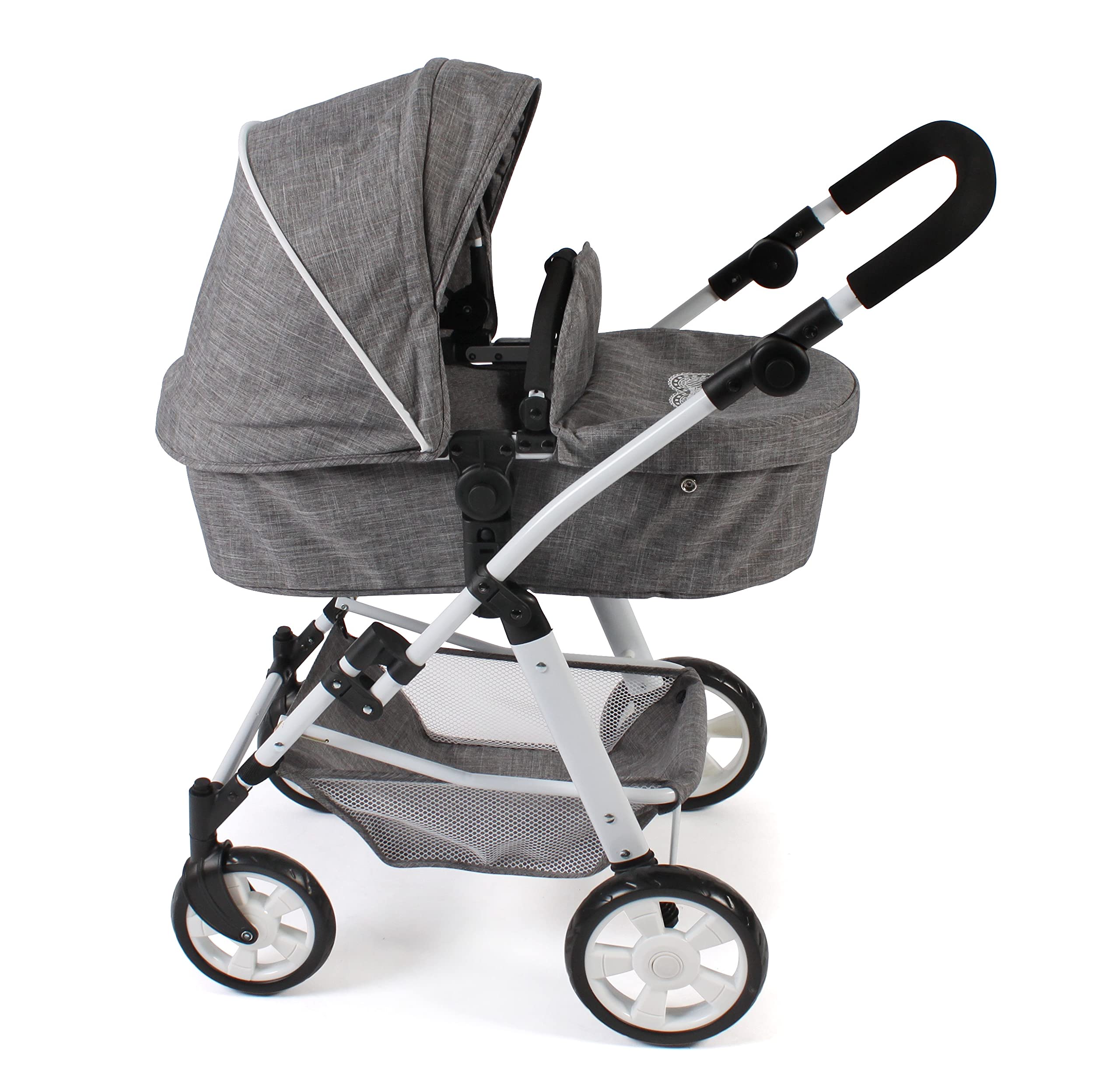 Bayer Chic 2000 568 – 76 wózek dla lalek kombi goździk, 2 w 1 do lalek niemowlęcych do 50 cm, jeansy szare