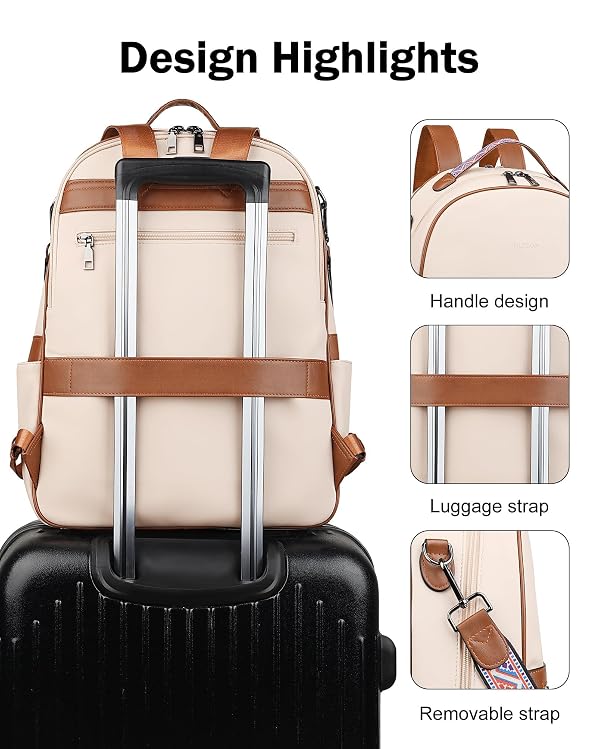 FADEON 15.6 inch Leather Laptop Backpack Purse for Women, Designer Travel PU Backpack with Laptop Compartment for Work Beige by FADEON - Image 6