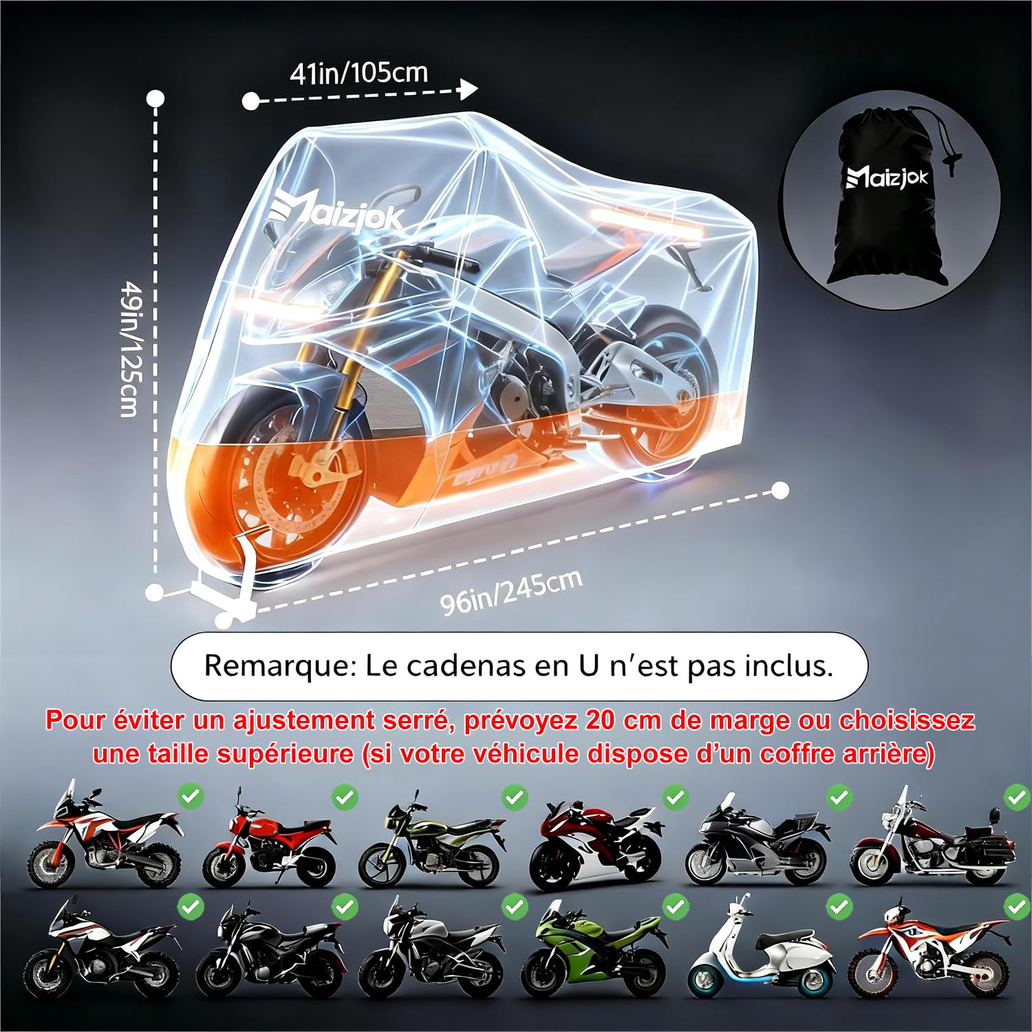 Maizjok® Bache Moto Exterieur Etanche, Housse Moto Impermeable Interieur 210D Protection au Pluie poussière UV Hiver Été, Couverture pour Scooter Mobylette Moto Trail/Street/Scrambler (245x105x125cm)