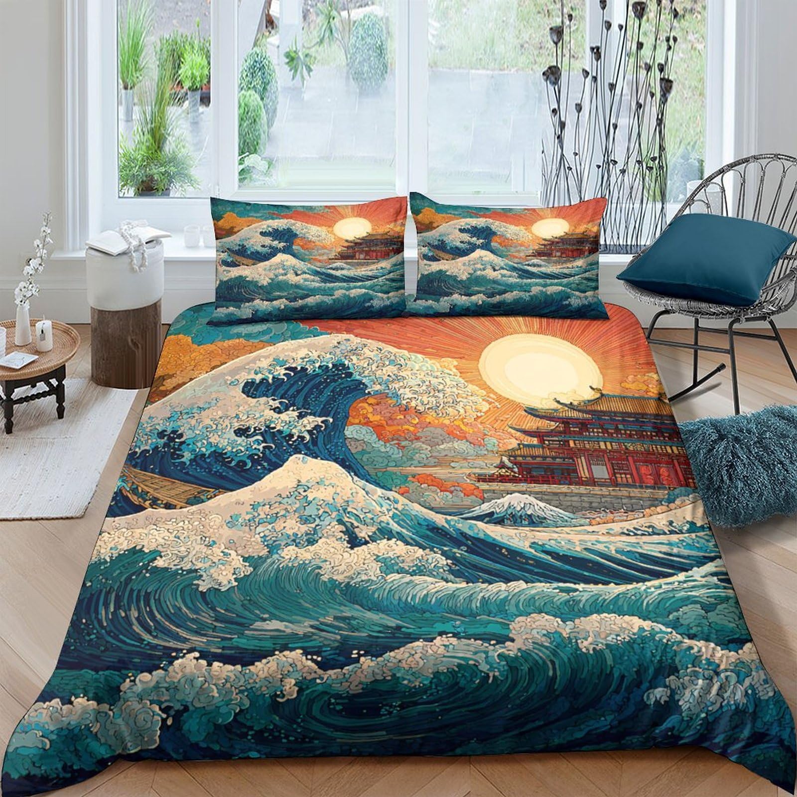 Ctjqhvkz Style-1 3D Printed Great Wave Fitted Sheet Microfiber Japanese Sunset Bed Cover For Bedroom Guest Room Decor Easy Care Single（135X200cm）