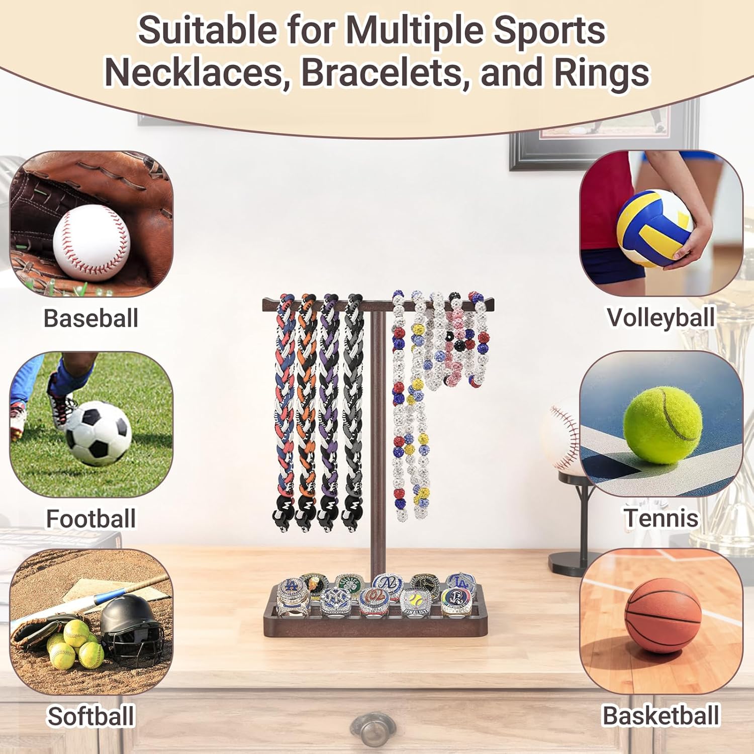 Mkono Wooden Baseball Drip Necklace Organizer Holder, Championship Ring Display Holder, Softball Ring Holder Baseball Gifts for Boy Team Player Men Home Bedroom Decor - Image 4