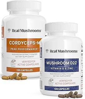 Real Mushrooms Vitamin D2, Zinc, Chaga, Reishi (120ct) and Cordyceps-M (120ct) Bundle - Natural Immune Support, Energy, and Vitality - Vegan, Gluten Free, Non-GMO, Organic Mushroom Extracts