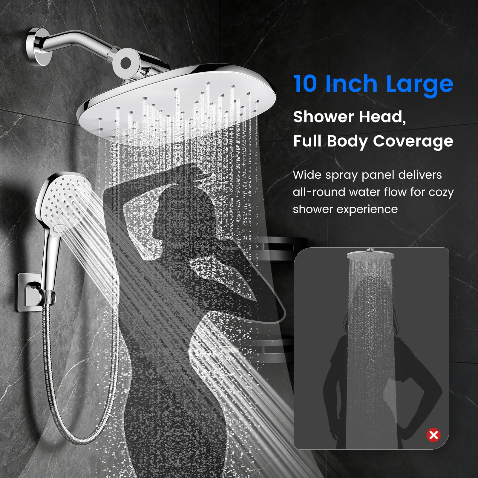 PWERAN Soffione doccia, soffione doccia a pioggia da 25,4 cm con doccetta combinata, soffione regolabile ad alta pressione a pioggia, set doppio con tubo doccia lungo 180 cm e supporto extra