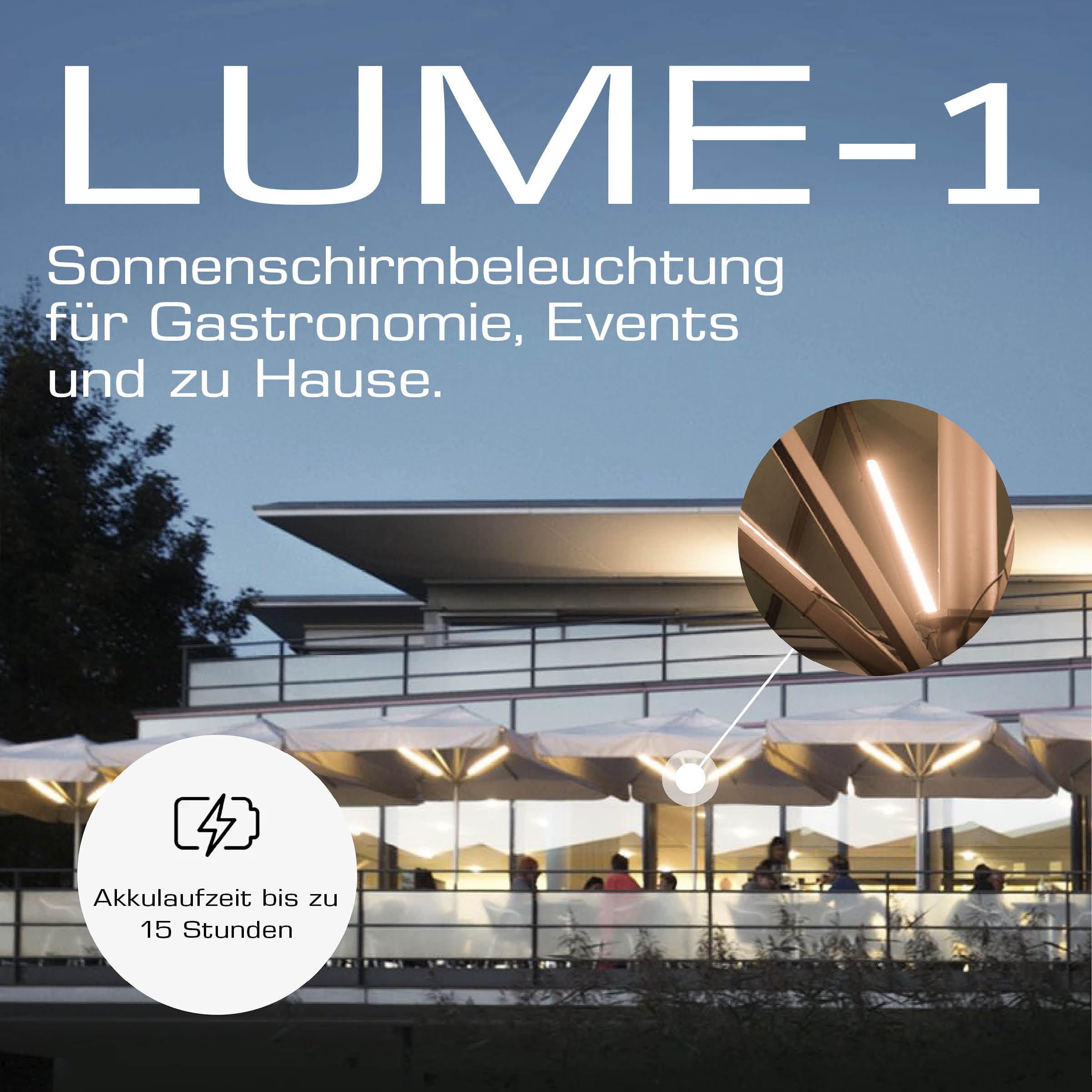 Lume1 Sonnenschirmbeleuchtung mit Fernbedienung, LED Leisten, warmweiß 1000 Lumen, 2700 Kelvin, Akku enthalten Smart Modell 2026 (Smart 2er Set)