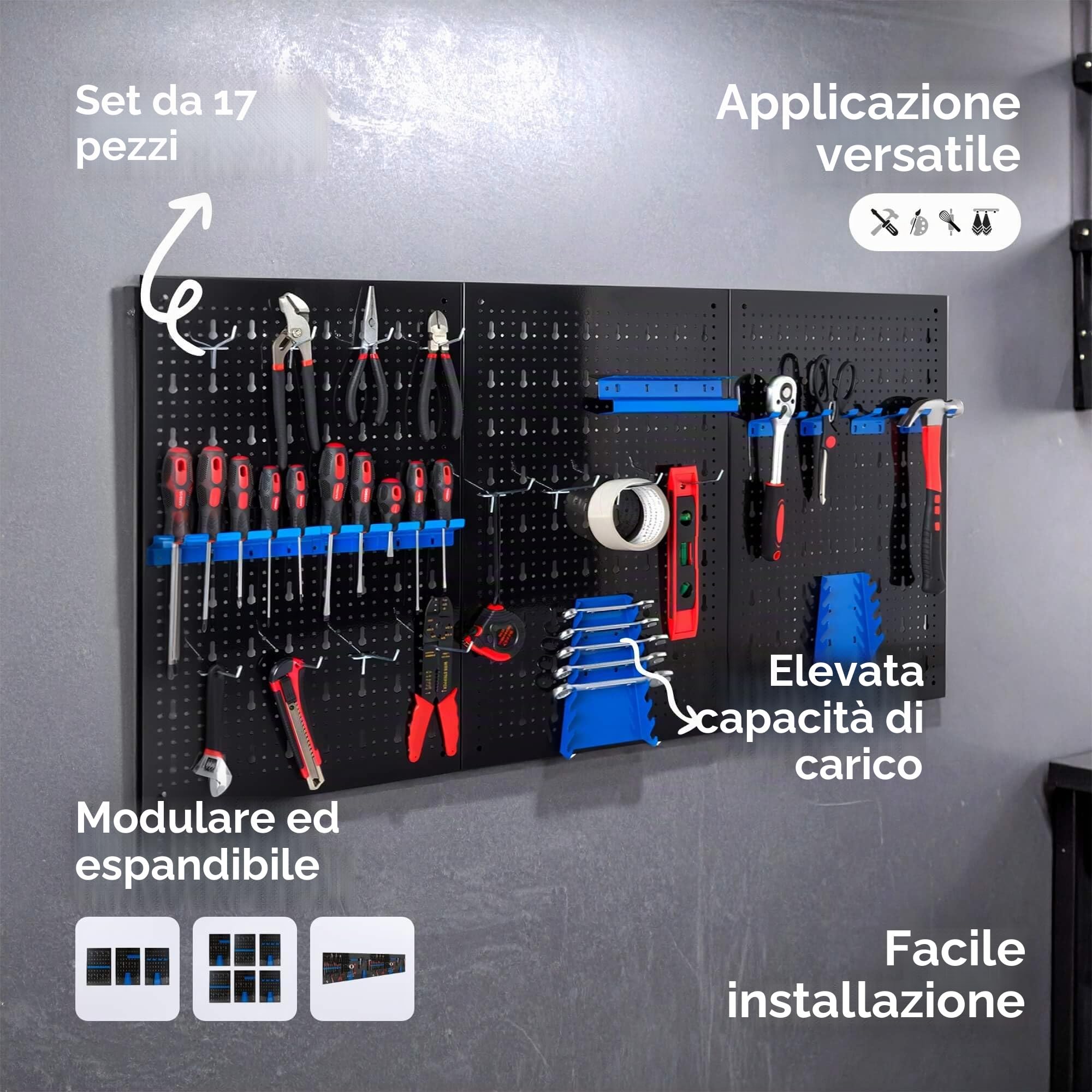 Arebos Parete degli attrezzi, 3 pezzi, parete forata per officina, set di ganci e supporti da 17 pezzi, 117,6 x 59,5 x 2 cm, parete forata per utensili in metallo per installazione con materiale di