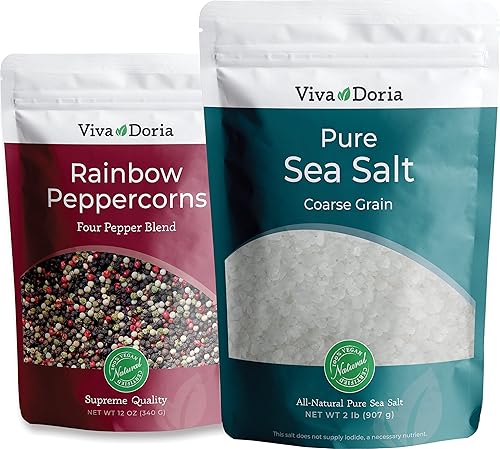 Viva Doria Mezcla de granos de pimienta arcoíris, 12 onzas y sal marina pura, grano grueso, 2 libras, ideal para recambios de molinillo, juego de 2