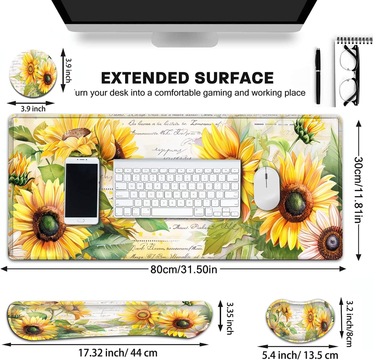 Large Gaming Mouse Pad+ Keyboard Wrist Rest Set, Ergonomics Memory Foam Mouse Mat Wrist Rest Support for Home Office, Waterproof Extended Mousepad 31.5x11.8in, Sunflower White Desk Pad