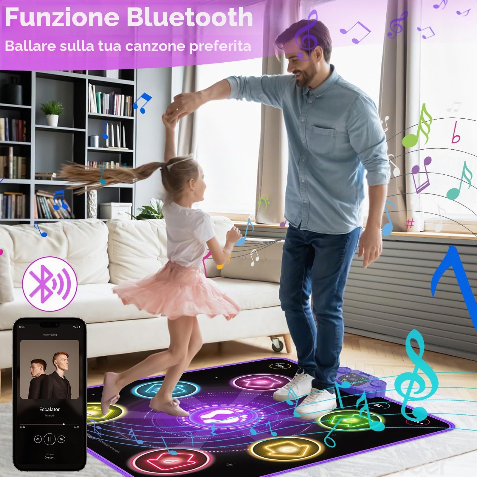Bambini Tappetino da Ballo con 6 LED, GuKKK Tappeto da Ballo con Bluetooth per 3 4 5 6 7 8 9 10+ Anni,Tappetino da Ballo Elettronico,Giocattolo Tappeto Musicale da Ballo,Regali di Natale di Compleanno