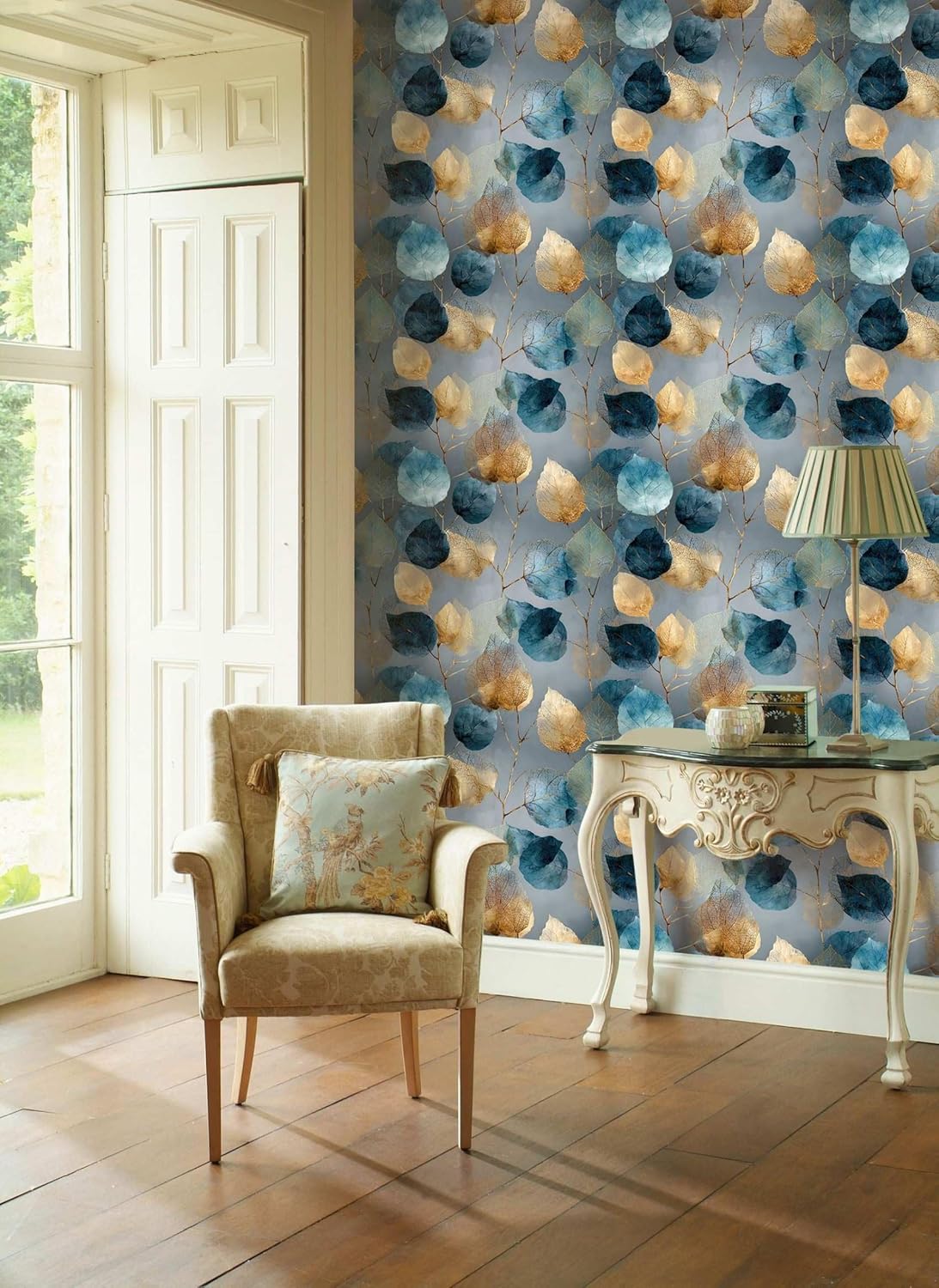 Blue & Gold Leaf Peel and Stick Wallpaper – Modern Nature Wallpaper for Home Decor | Self-Adhesive, Waterproof Vinyl, 17.7" x 118"