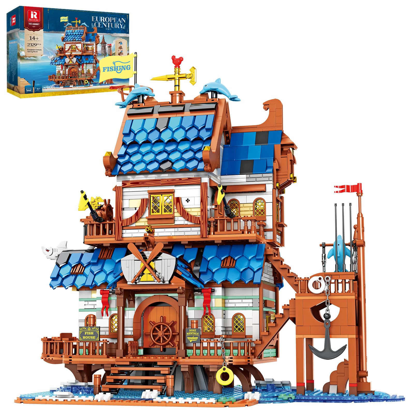Reobrix Medieval Fishing Store Building Block Set with Light, European Seaside Architecture Model Kit, 66007 Home Office Decoration Construction Brick Gift for Adult Teens 14+ (2329PCS)