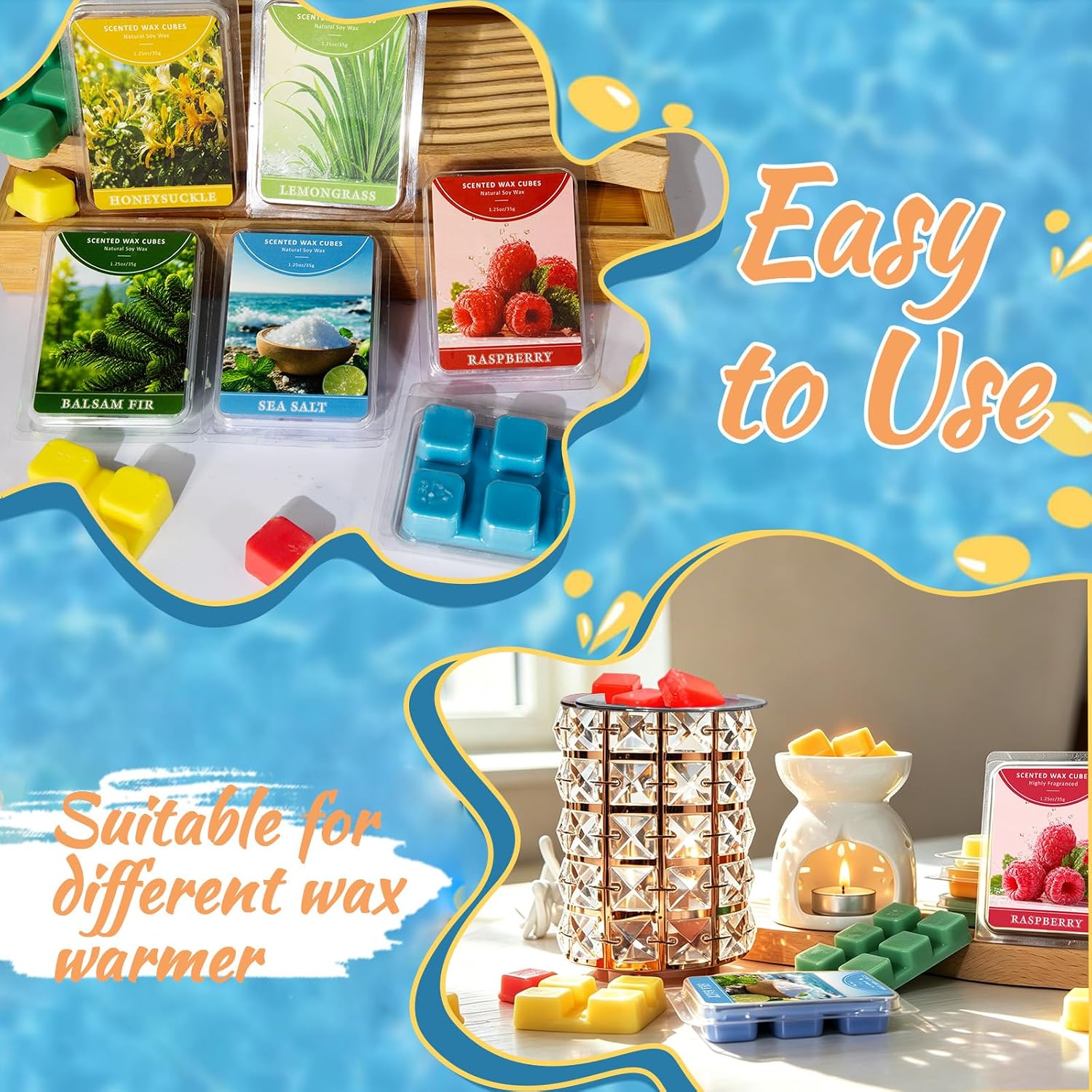 STRN Wax Melts, Soy Wax Cubes 6 Summer Scents, Honeysuckle, Lemongrass, Sea Salt, Eucalyptus Sage, Long-Lasting Home Fragrance for Wax Warmers, Yoga, 1.25 OZ * 6 Packs