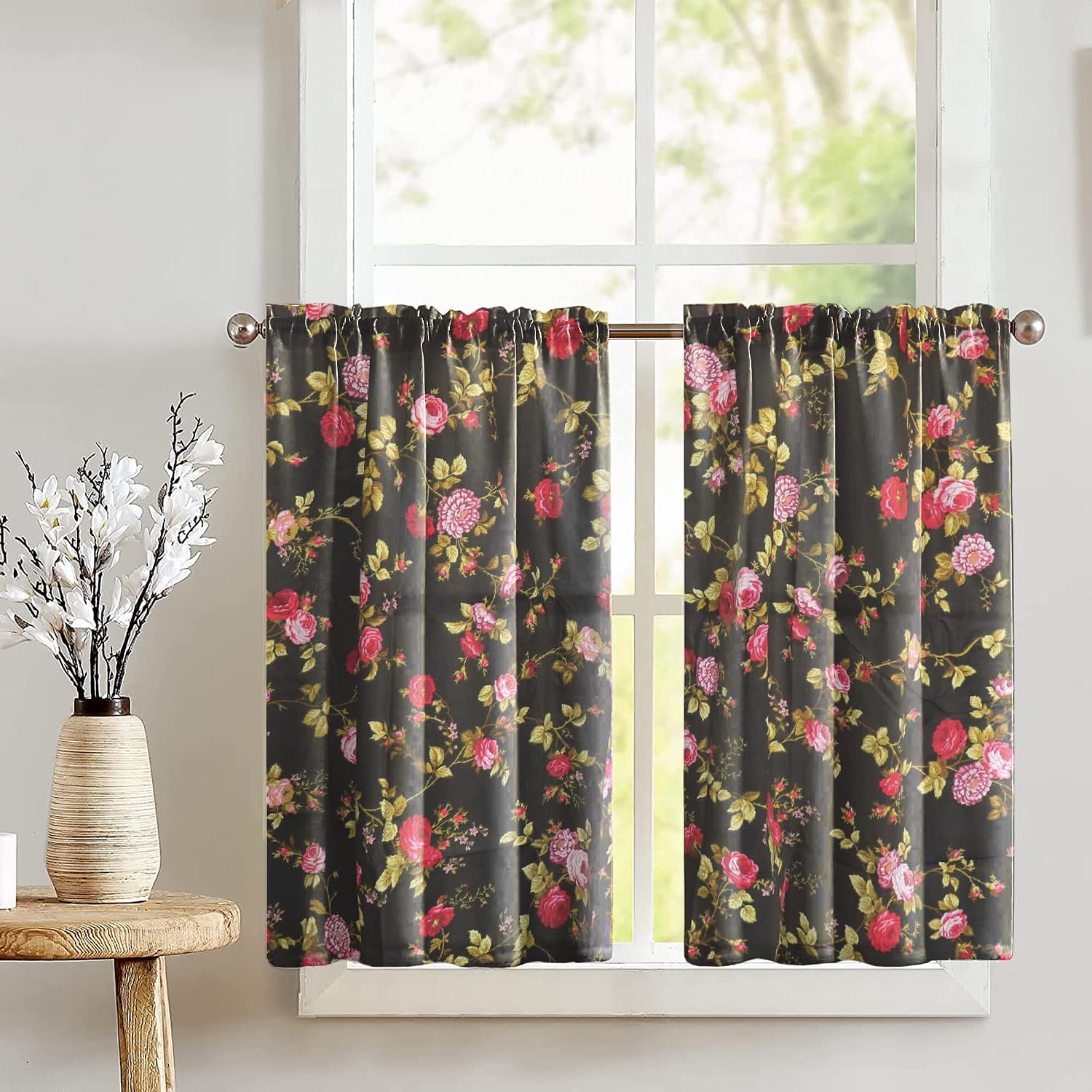 Zen Creative Designs Vintage Floral Roses Print Cafe Curtain Tier Window Valance 2 Piece Set Home Décor Bedroom Nursery Kitchen Window (Red)