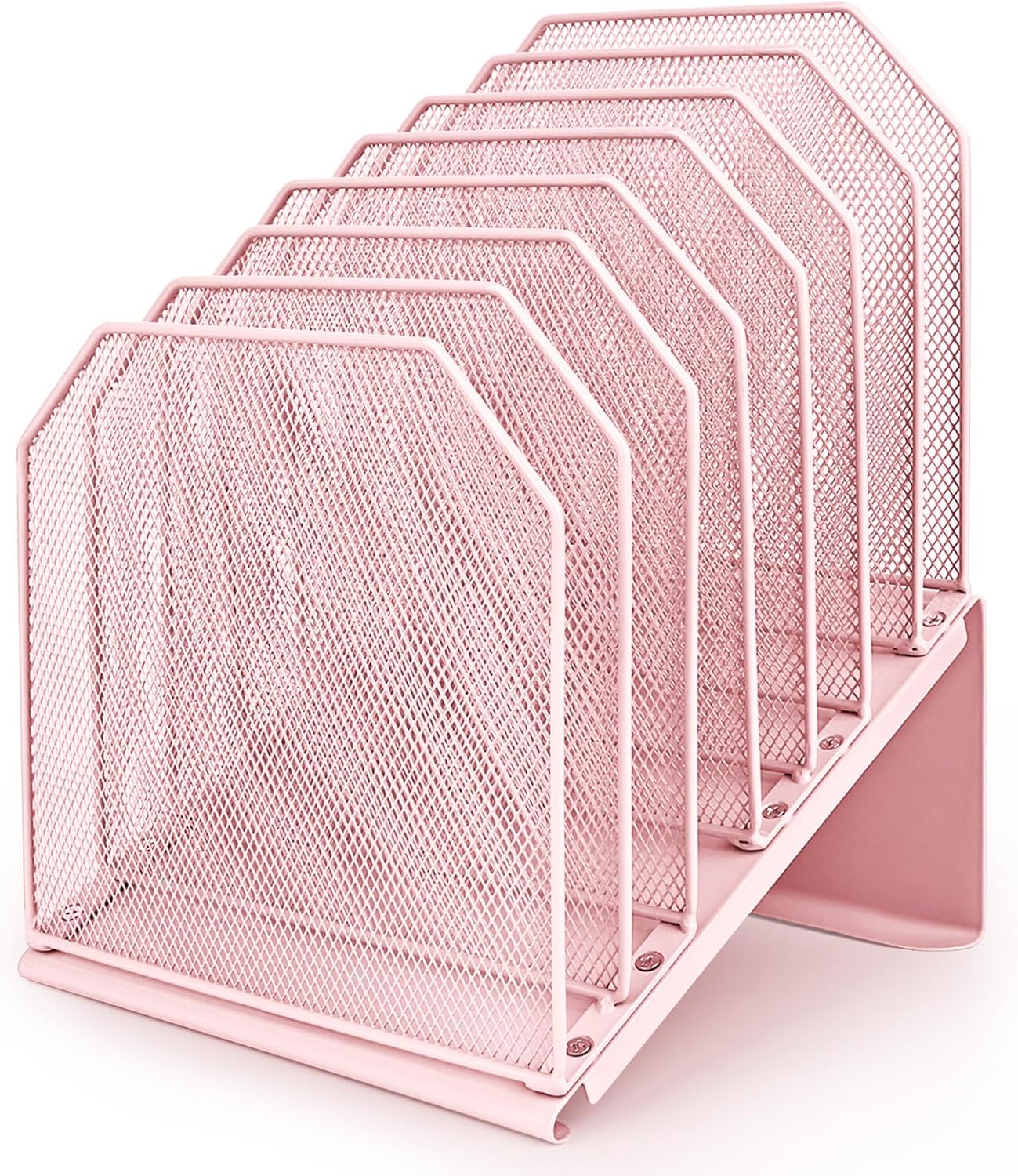 SUMMORO Inclined File Organizer for Desk, 7-Tier Vertical File Folder Holder Office Desk Organizer Metal Rack File Wire Mesh Desktop Document Sorter for Office School Classroom Home (Pink)