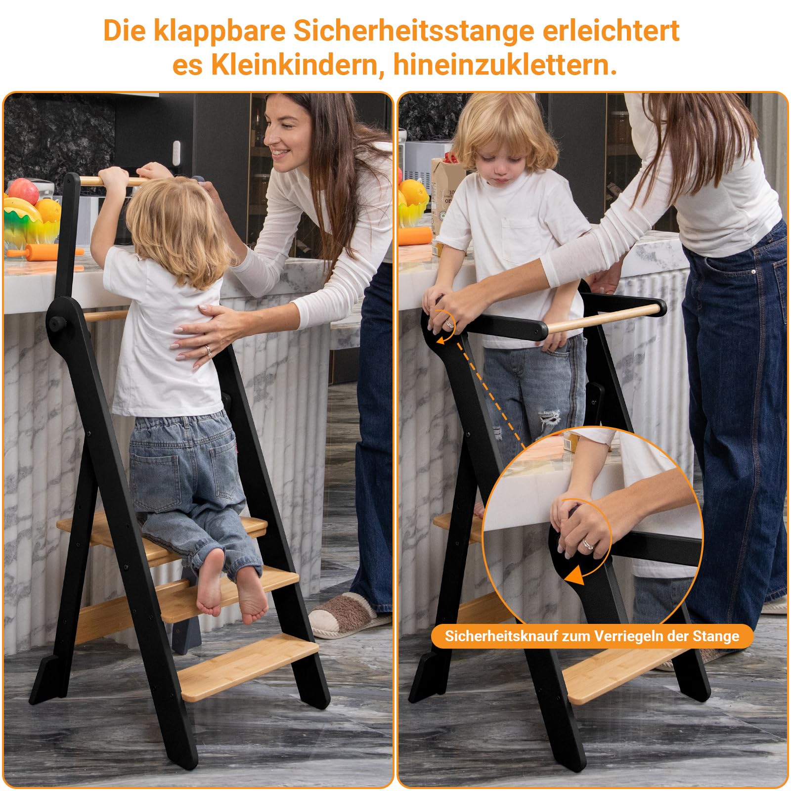 COSYLAND Lernturm ab 1 Jahr – Learning Tower 2-Fach höhenverstellbar & klappbar – Lernstuhl in Schwarz/Natur für Kinder – Montessori Stehturm aus Bambus – sicherer Tritthocker mit Kippschutz