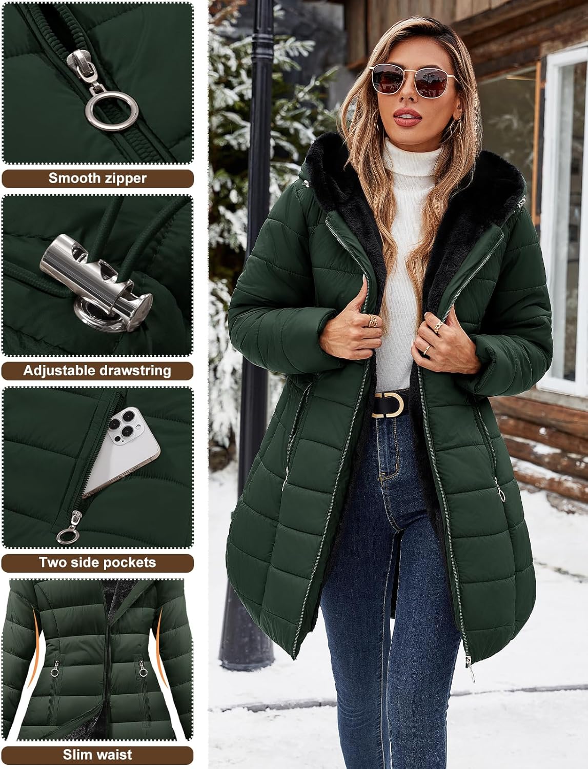 Women's Winter Fleece Warm Coat Windproof Slim Fit Long Down Jacket Hooded Thicken Outerwear with Pockets - Image 2