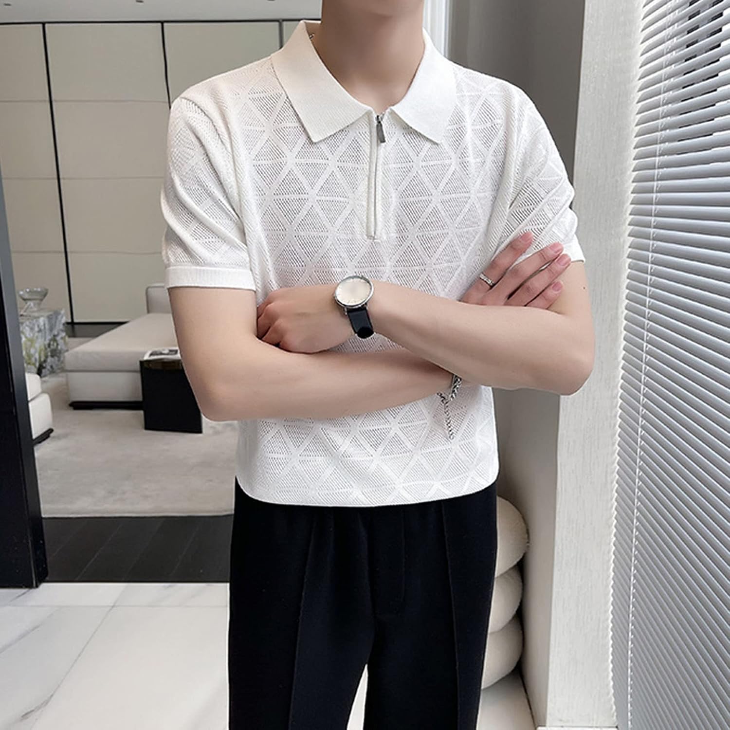 DGHM-JLMY Men Breathable Quarter-Zip Slim Fit Shirts Casual Short-Sleeved Knitted Polo Shirt Summer Lapel Fashion T-Shirt
